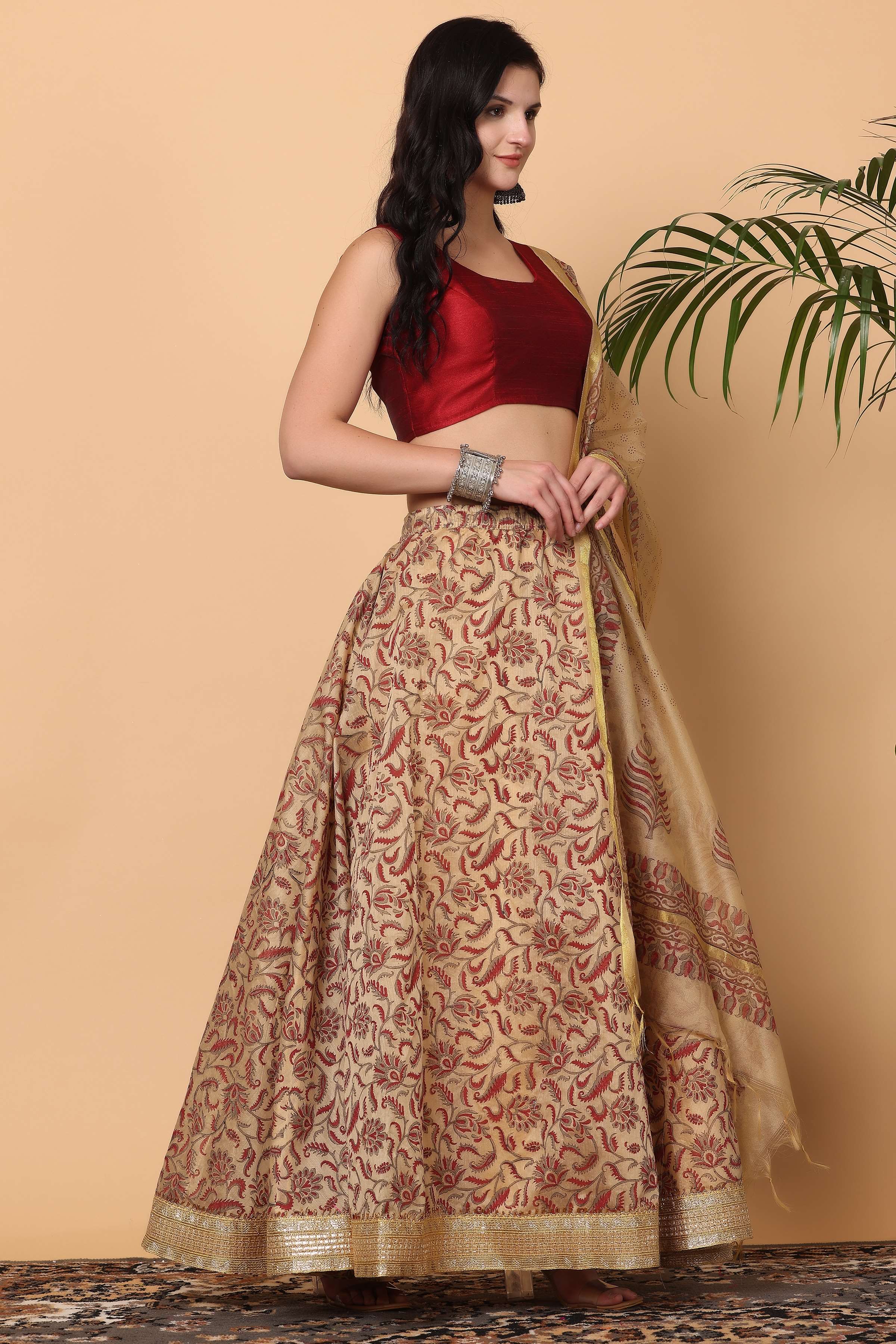 Kaanchie Nanggia Maroon Beige Printed Lehenga with Blouse and Dupatta (Set of 3)
