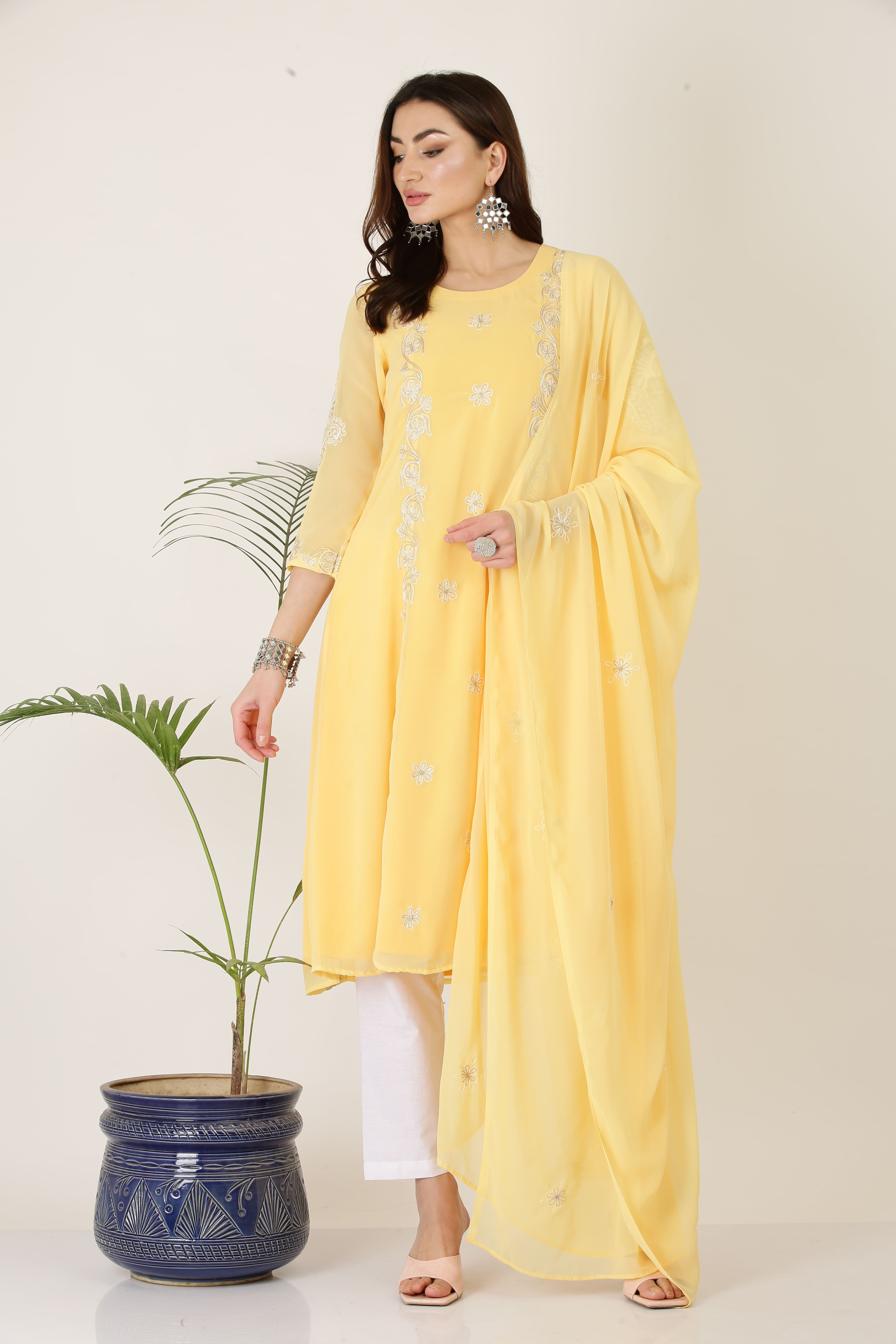 Kaanchie Nanggia Yellow Georgette Kurta Pant Dupatta (Set of 3)