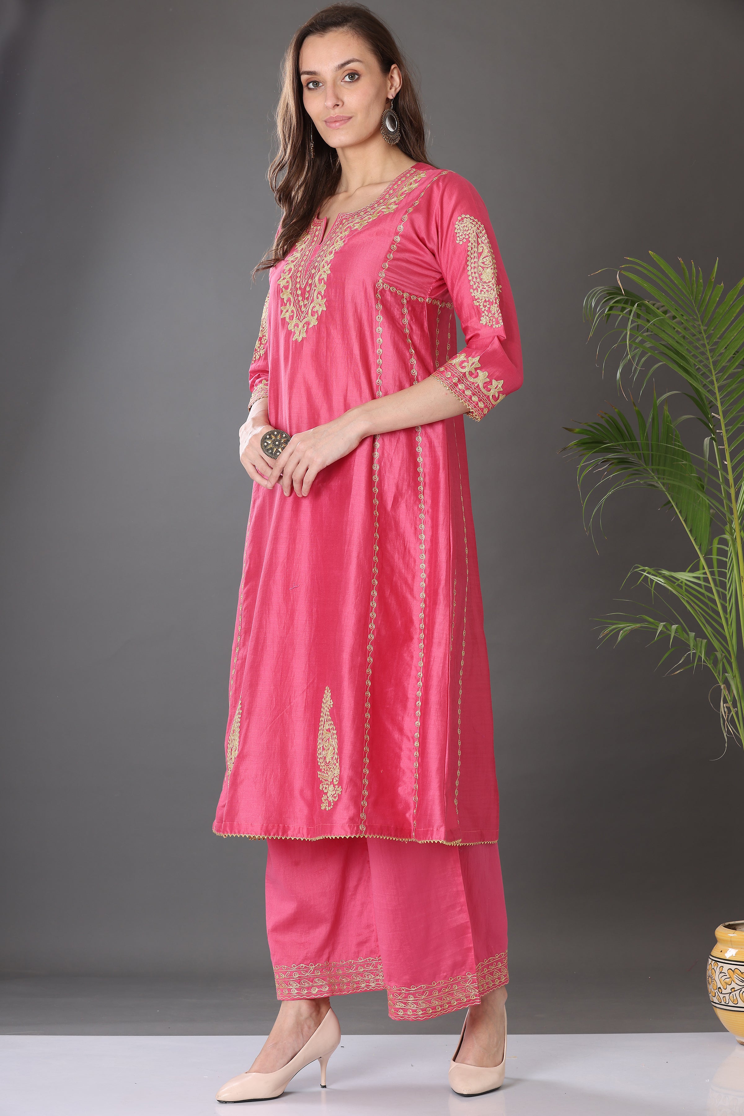Kaanchie Nanggia Pink Embroidered Silk Kurta Palazzo (Set of 2)