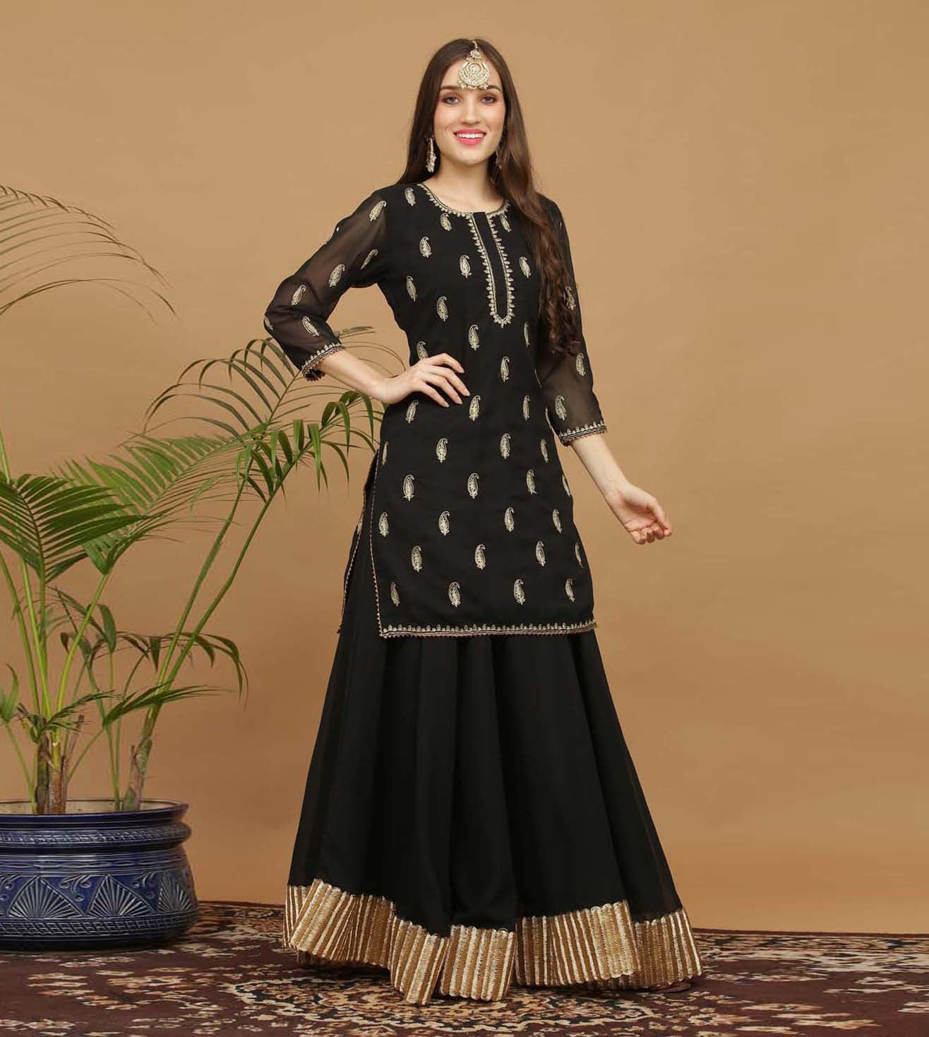 Kaanchie Nanggia Black Embroidery Georgette Kurta with Skirt (Set of 2)