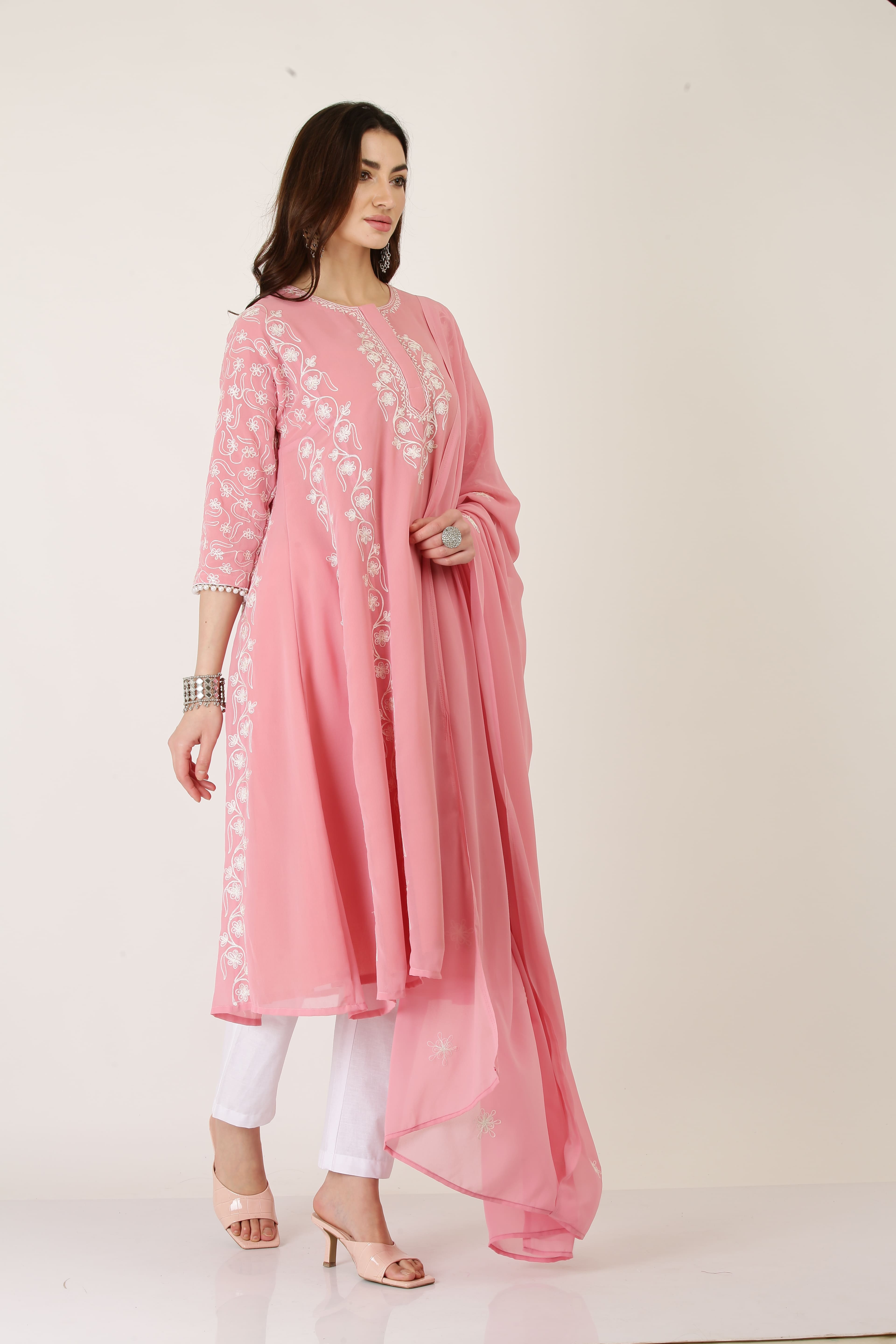 Kaanchie Nanggia Heavy Embroidered Pink Georgette Kurta Pant Dupatta (Set of 3)