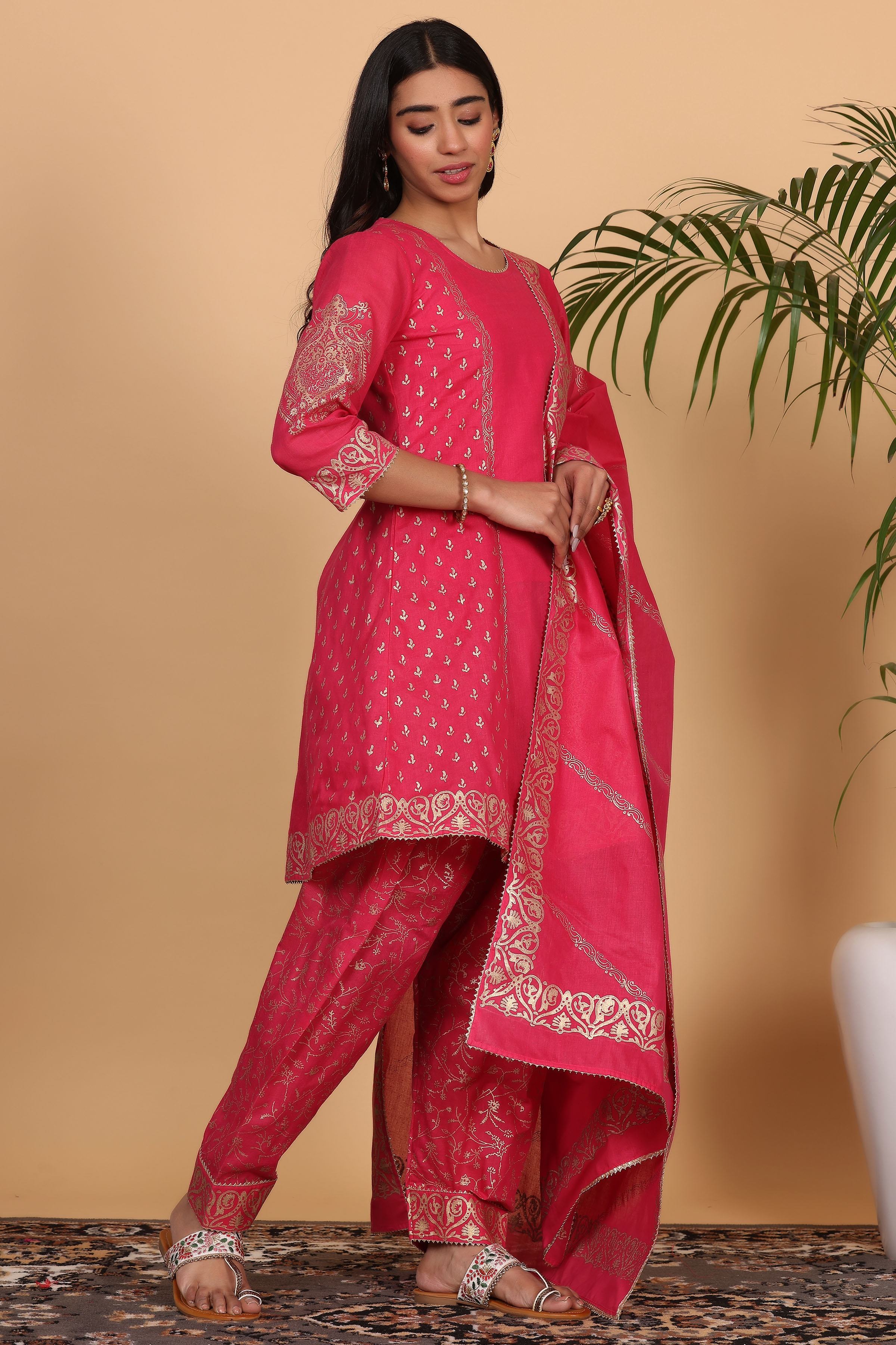 Kaanchie Nanggia Pink Printed Kurta Dupatta and Salwar (Set of 3)