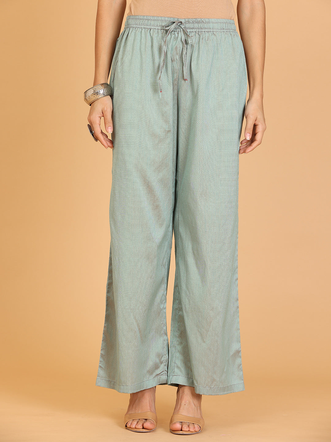 Kaanchie Nanggia Grey Embroidered Cotton Silk Flayred Kurta and Palazzo (Set of 2)