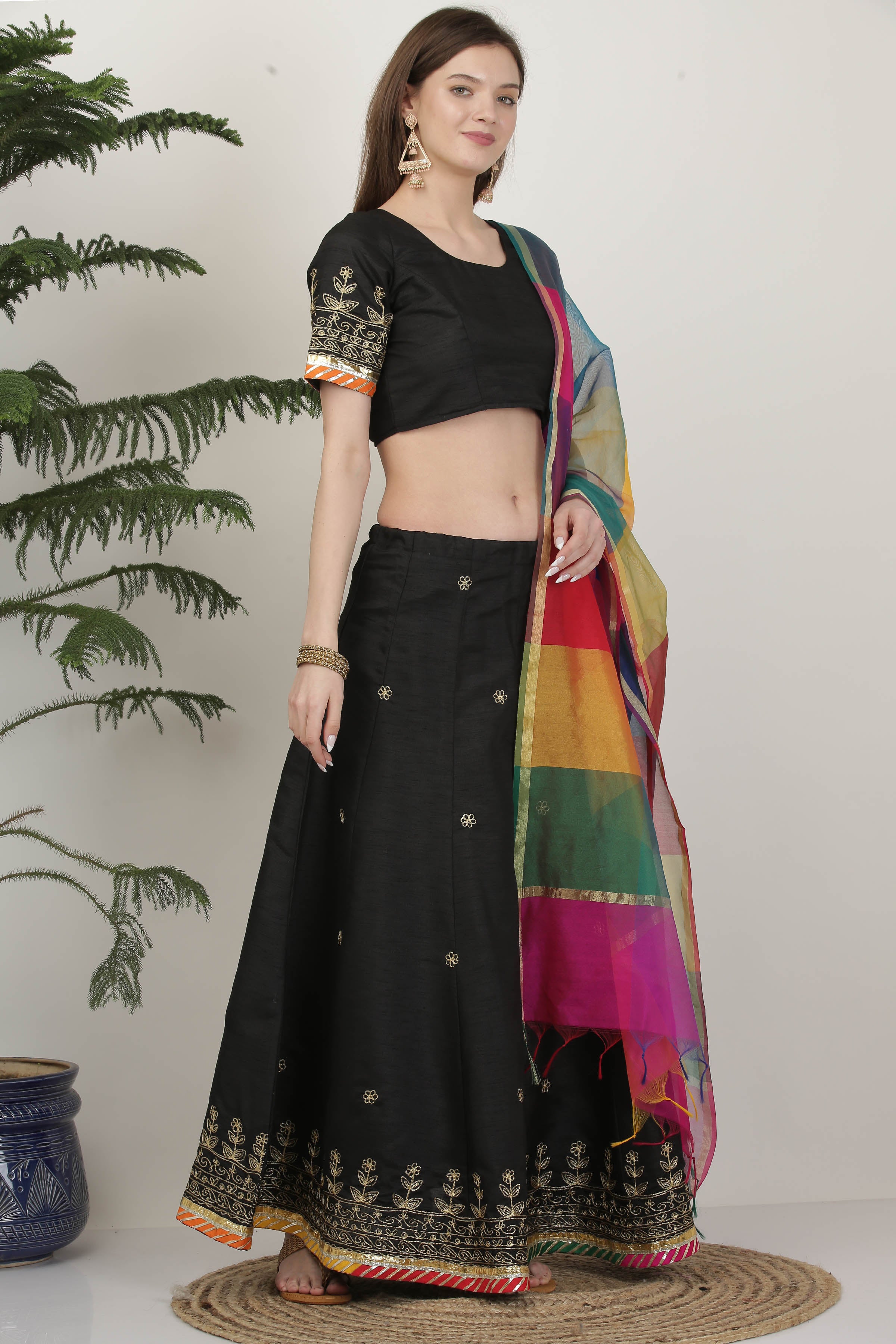 Kaanchie Nanggia Black Embroidered Ready to Wear Lehenga & Blouse With Dupatta (Set of 3)