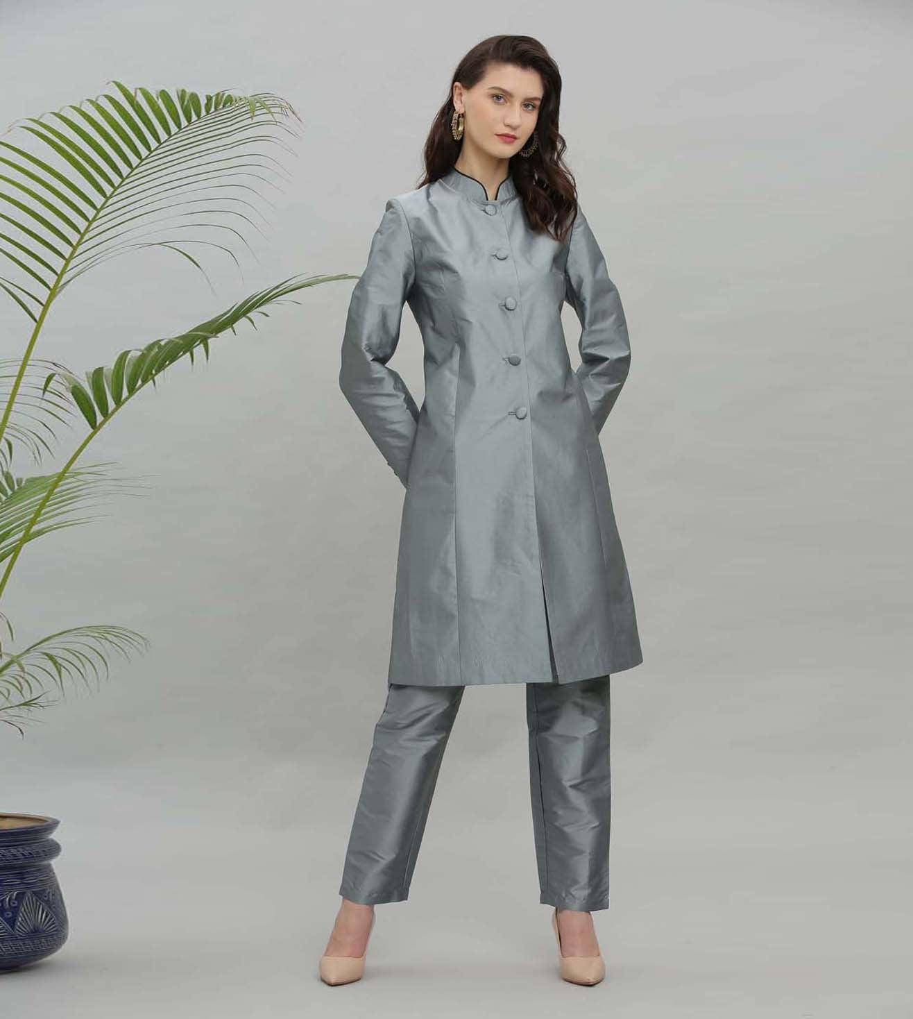Kaanchie Nanggia Grey Solid Jacket Kurta And Pant - (Set of 2)