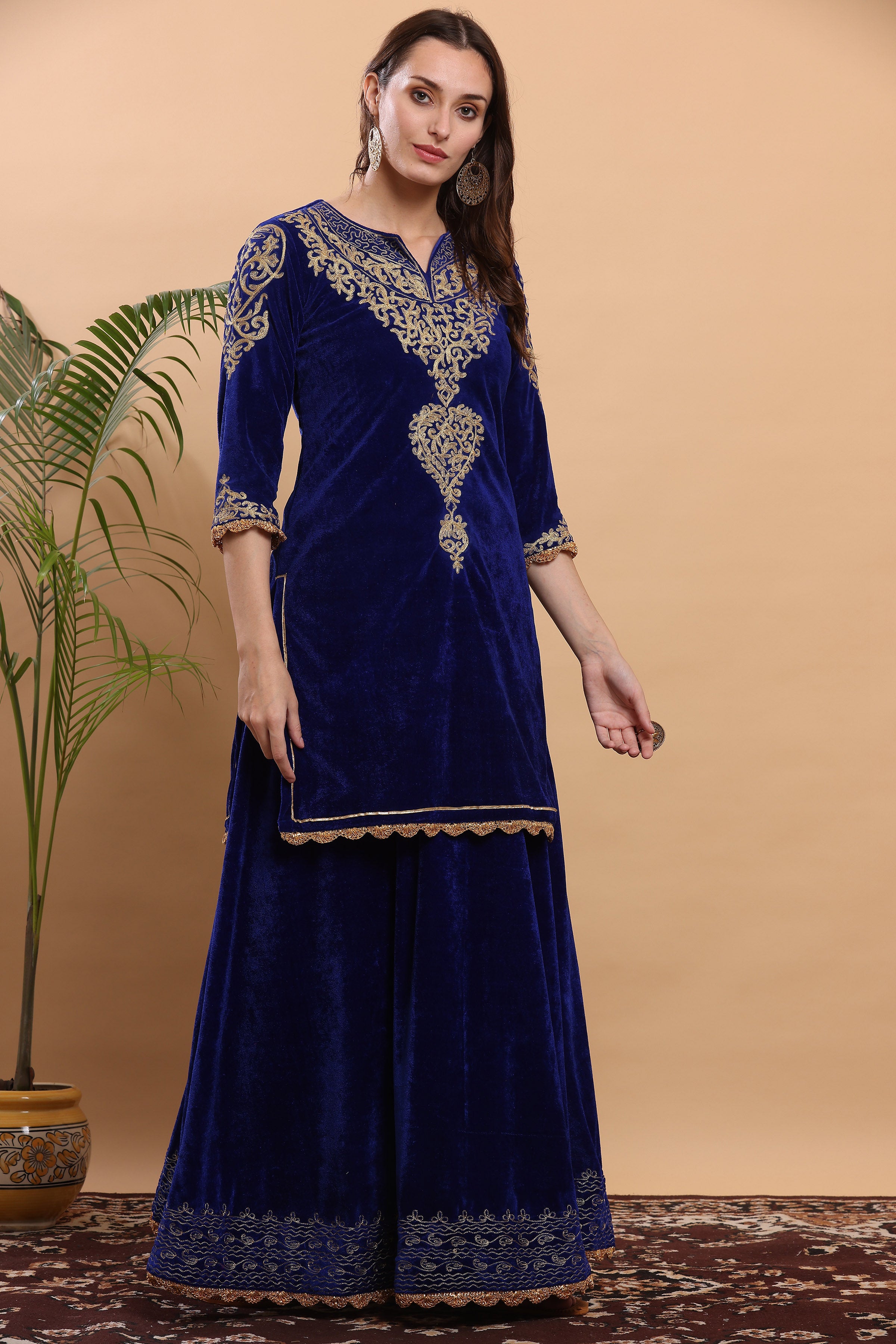 Kaanchie Nanggia Royal Blue Embroidered Kurta Lehenga (Set of 2)