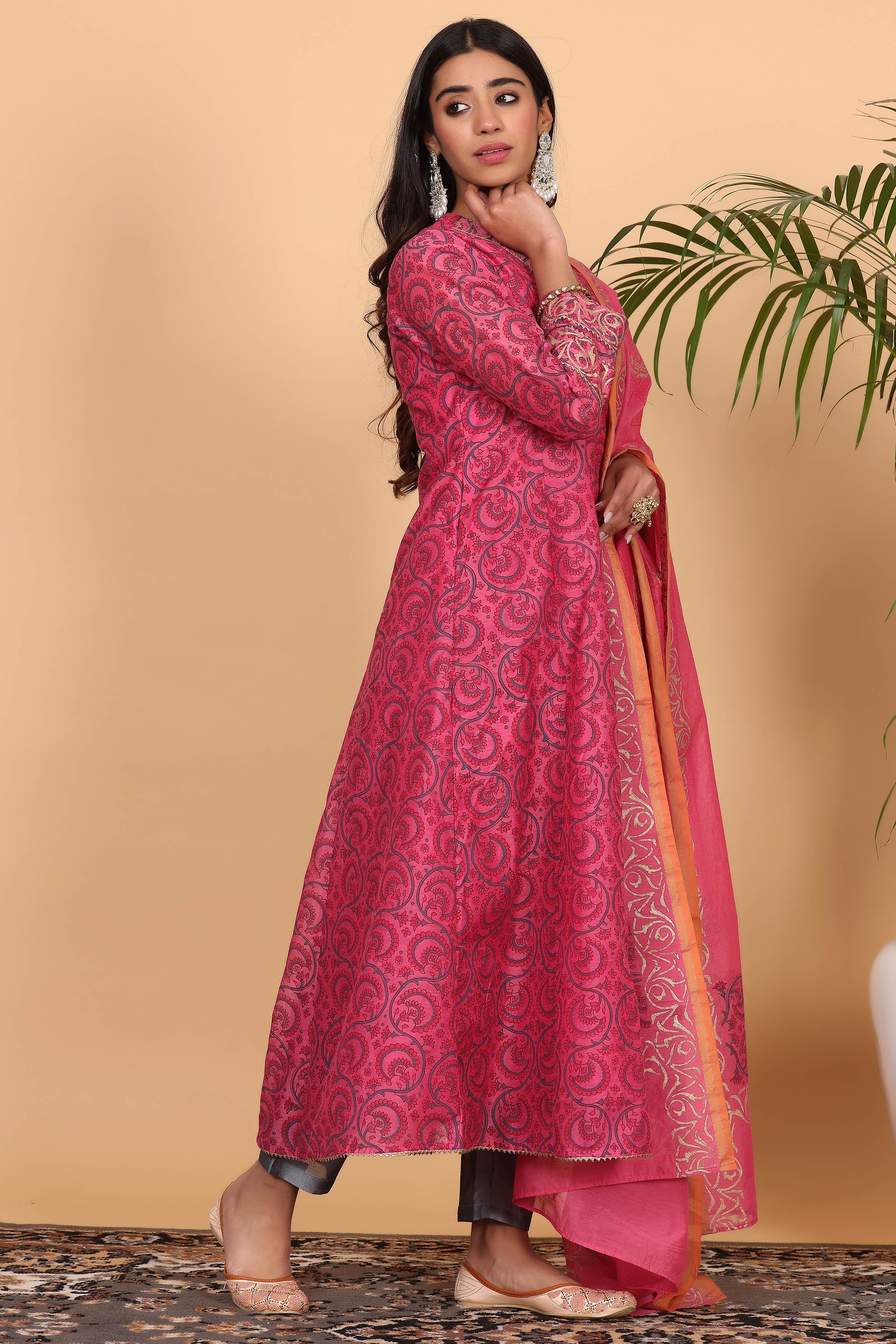 Kaanchie Nanggia Pink Chanderi Kalidar Printed Kurta Dupatta with Pants (Set of 3)