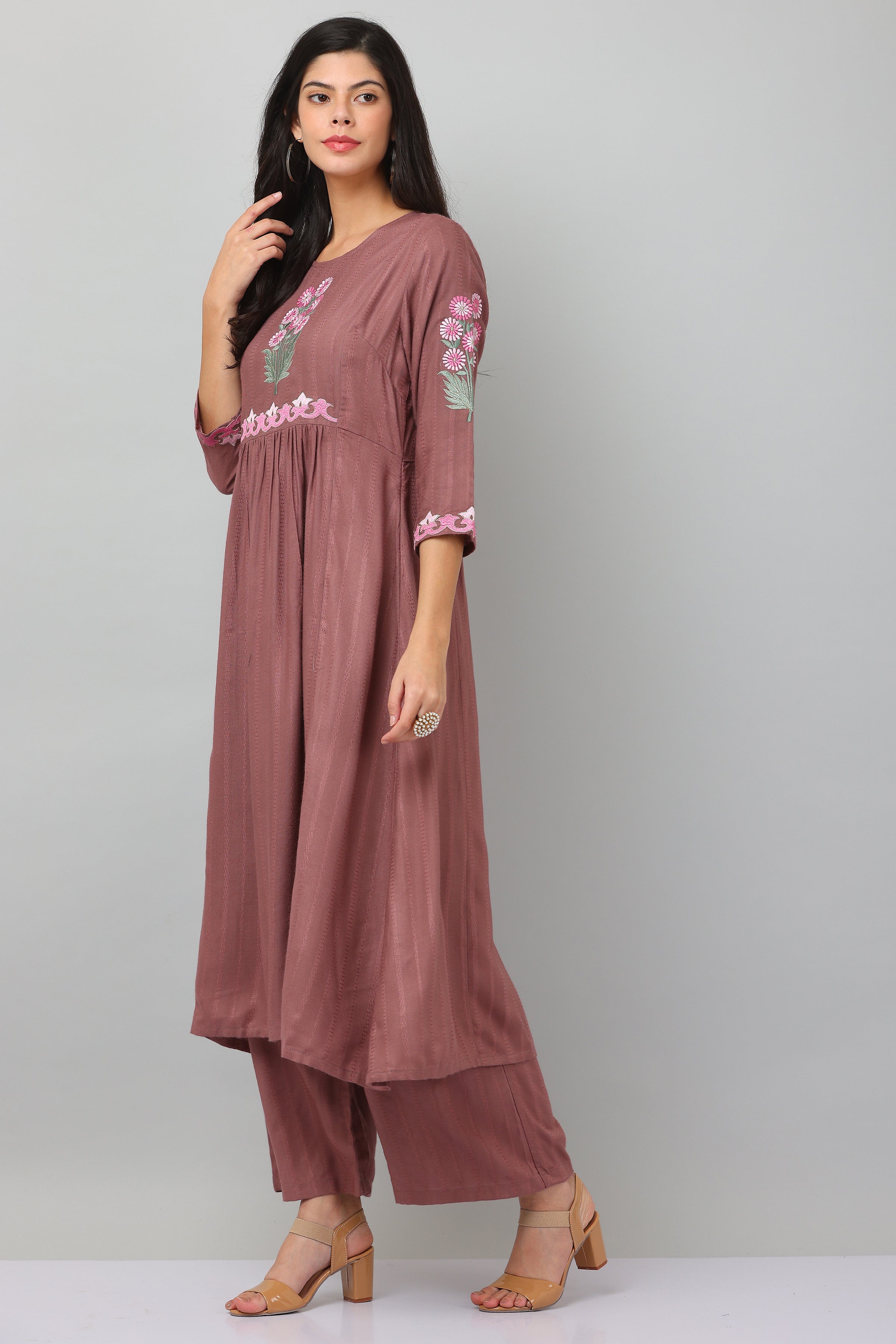 Kaanchie Nanggia Mauve Flared Kurta & Palazzo (Set of 2)