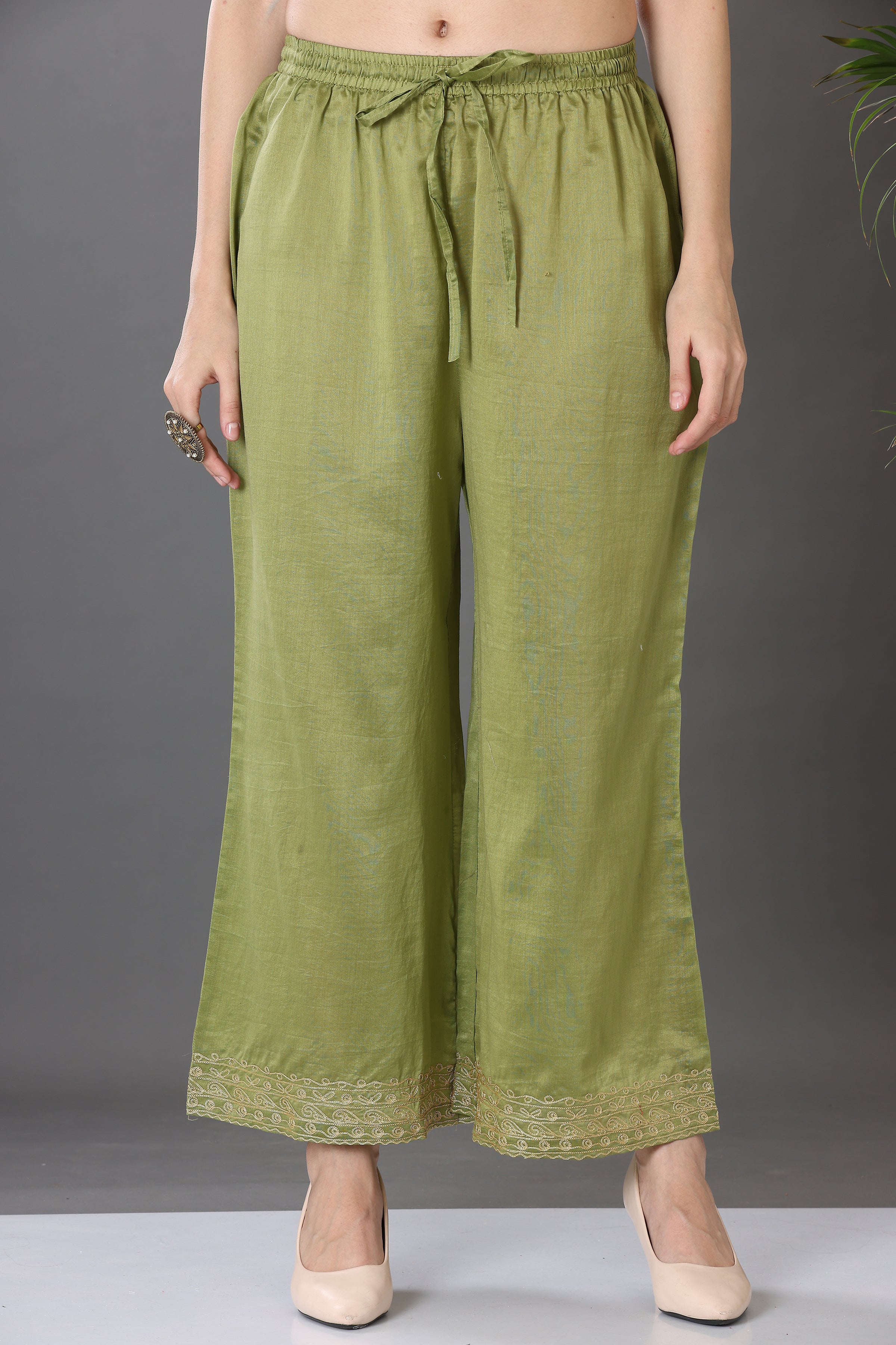 Kaanchie Nanggia Green Embroidered Cotton Silk Kurta Palazzo (Set of 2)