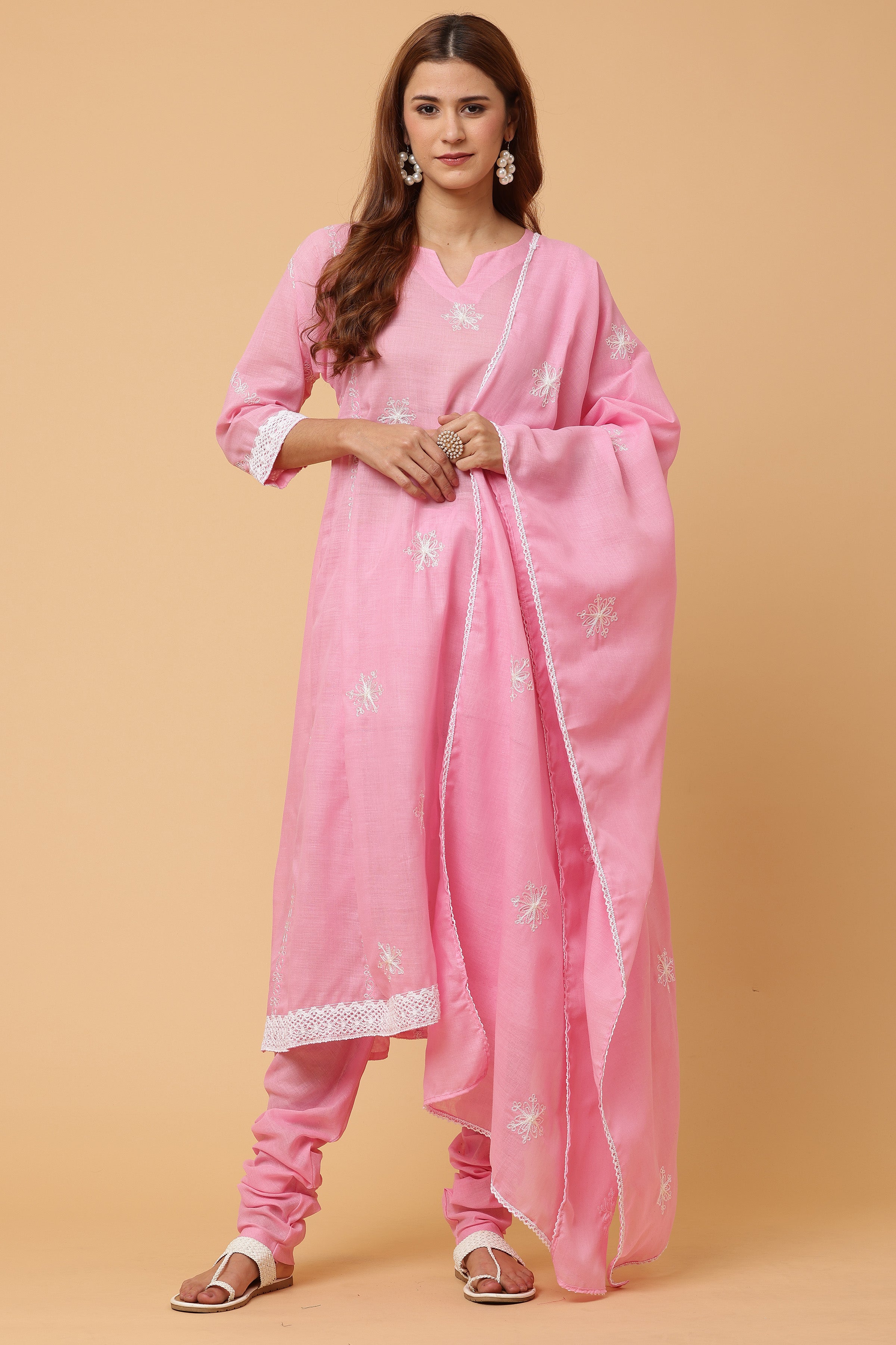 Kaanchie Nanggia Pink Kalidar Embroidered Kurta Chudidar with Dupatta (Set of 3)