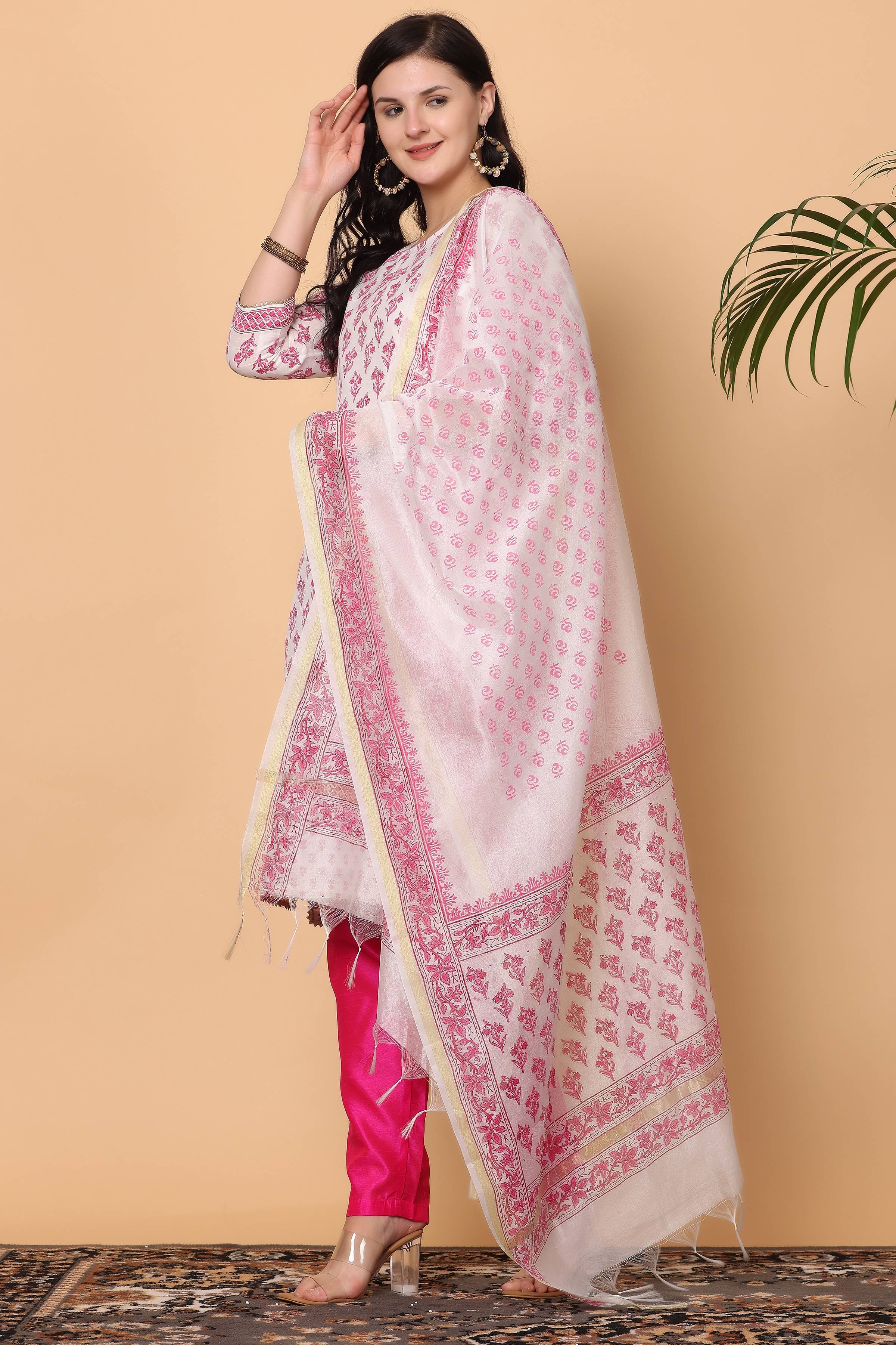 Kaanchie Nanggia Pink Cotton Printed Kurta Dupatta with Pants (Set of 3)