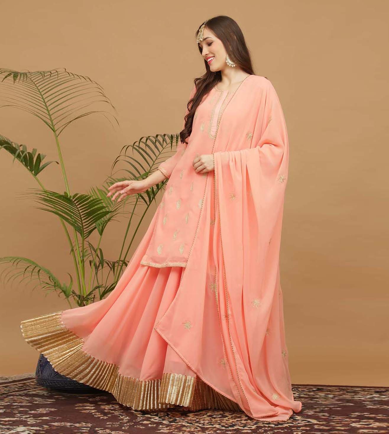 Kaanchie Nanggia Peach Embroidery Georgette Kurta with Skirt & Dupatta(Set of 3)