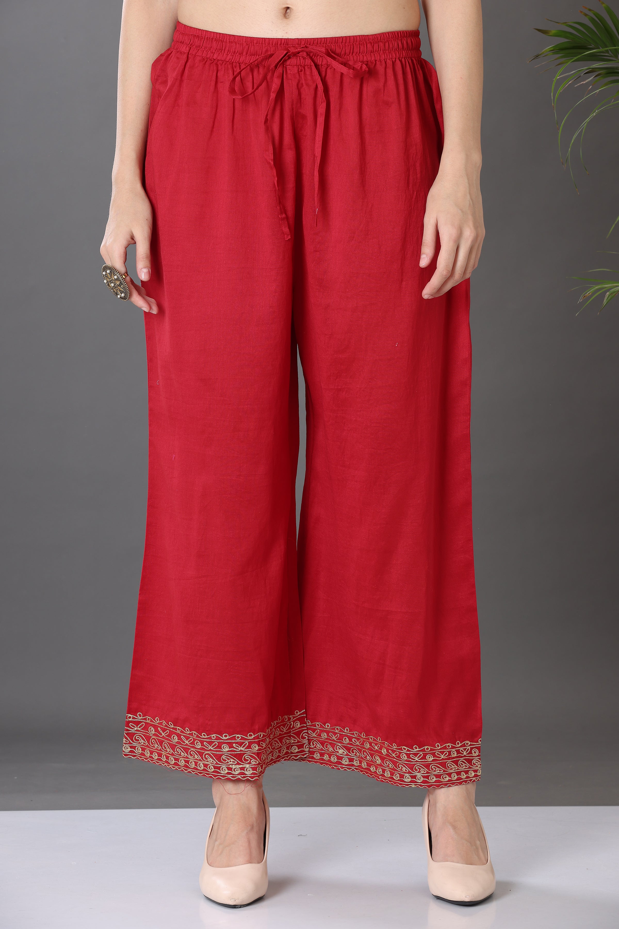 Kaanchie Nanggia Red Embroidered Cotton Silk Kurta Palazzo (Set of 2)