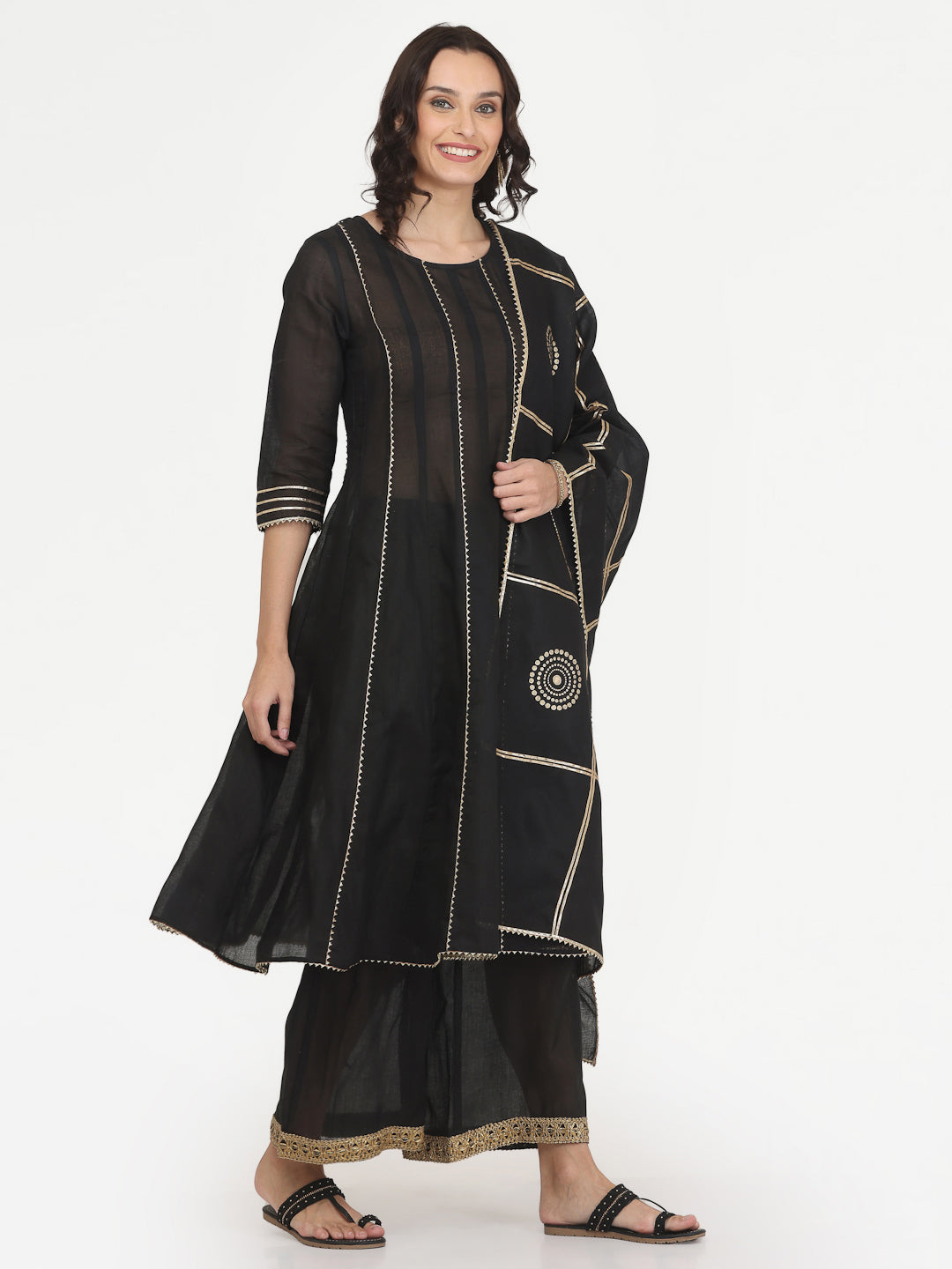 Kaanchie Nanggia Black Gota Work Kurta Pant with Printed Dupatta (Set of 3)