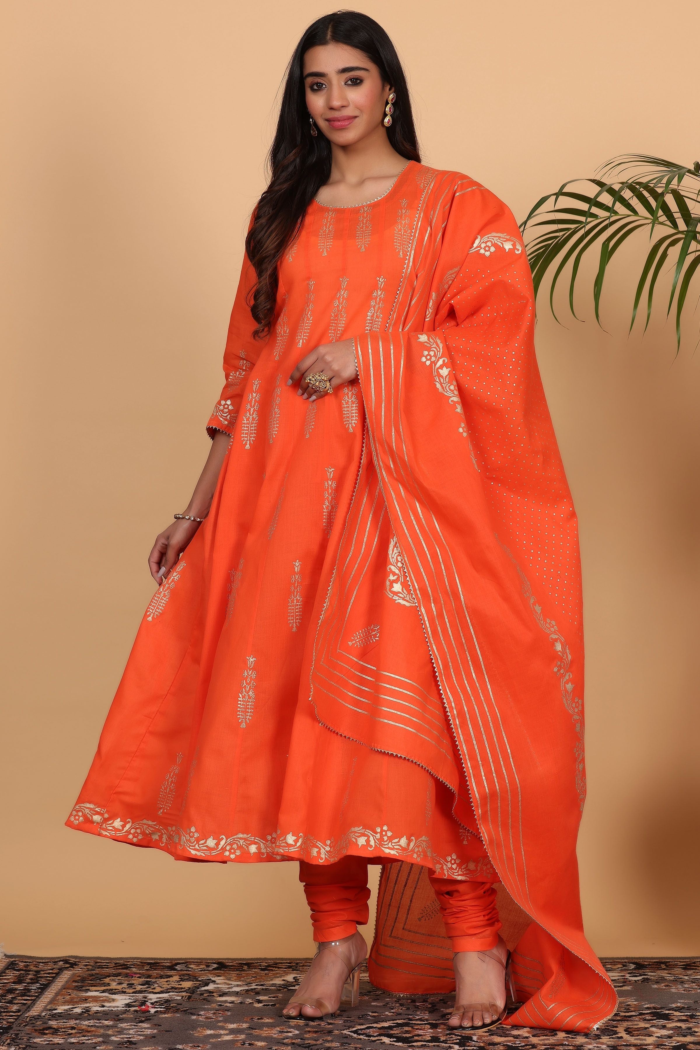 Kaanchie Nanggia Orange Printed Kalidar Kurta Dupatta with Churidar (Set of 3)