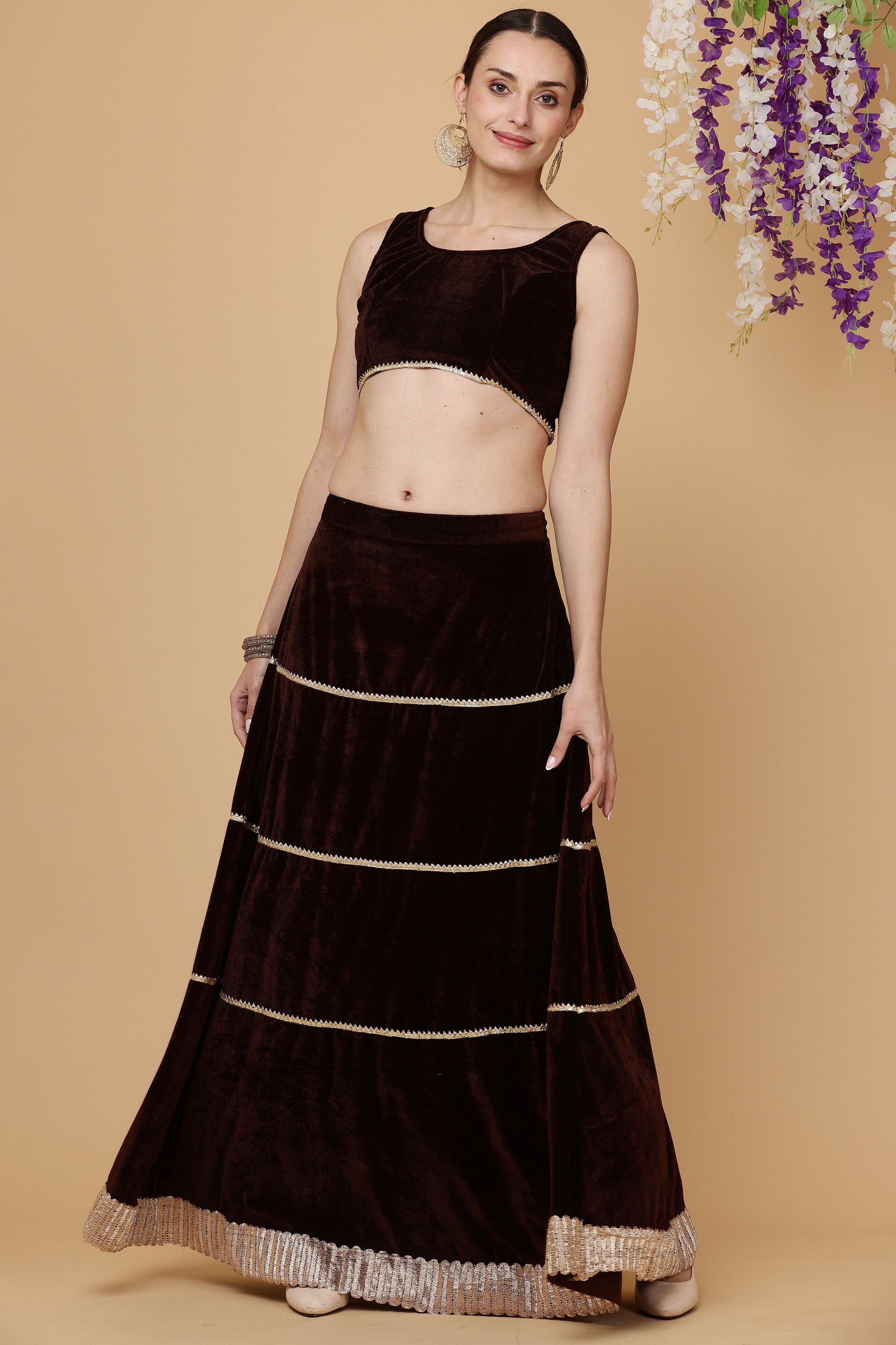 Kaanchie Nanggia Brown velvet skirt blouse with dupatta