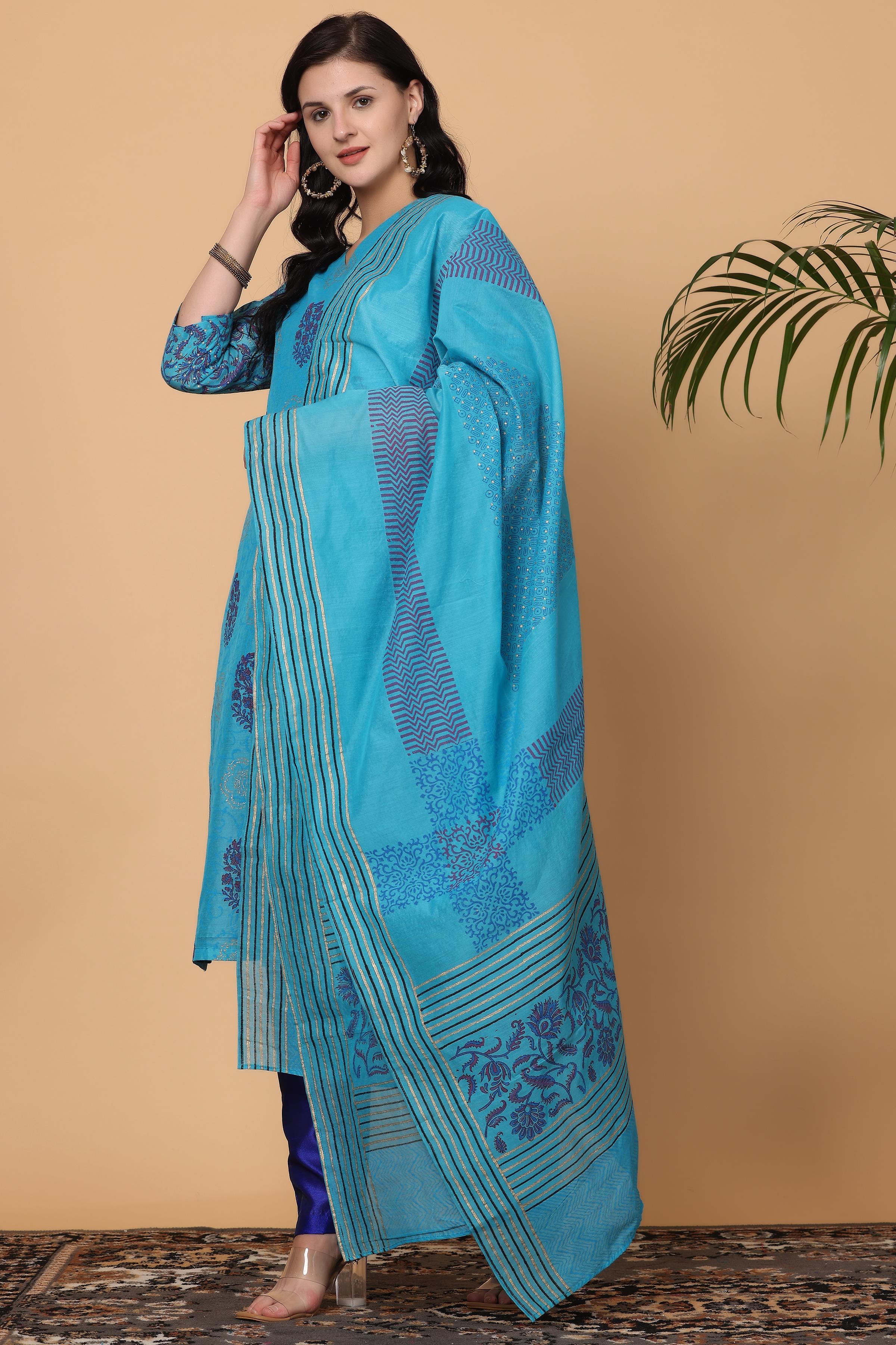 Kaanchie Nanggia Turquoise Chanderi Printed Kurta Dupatta with Pants (Set of 3)