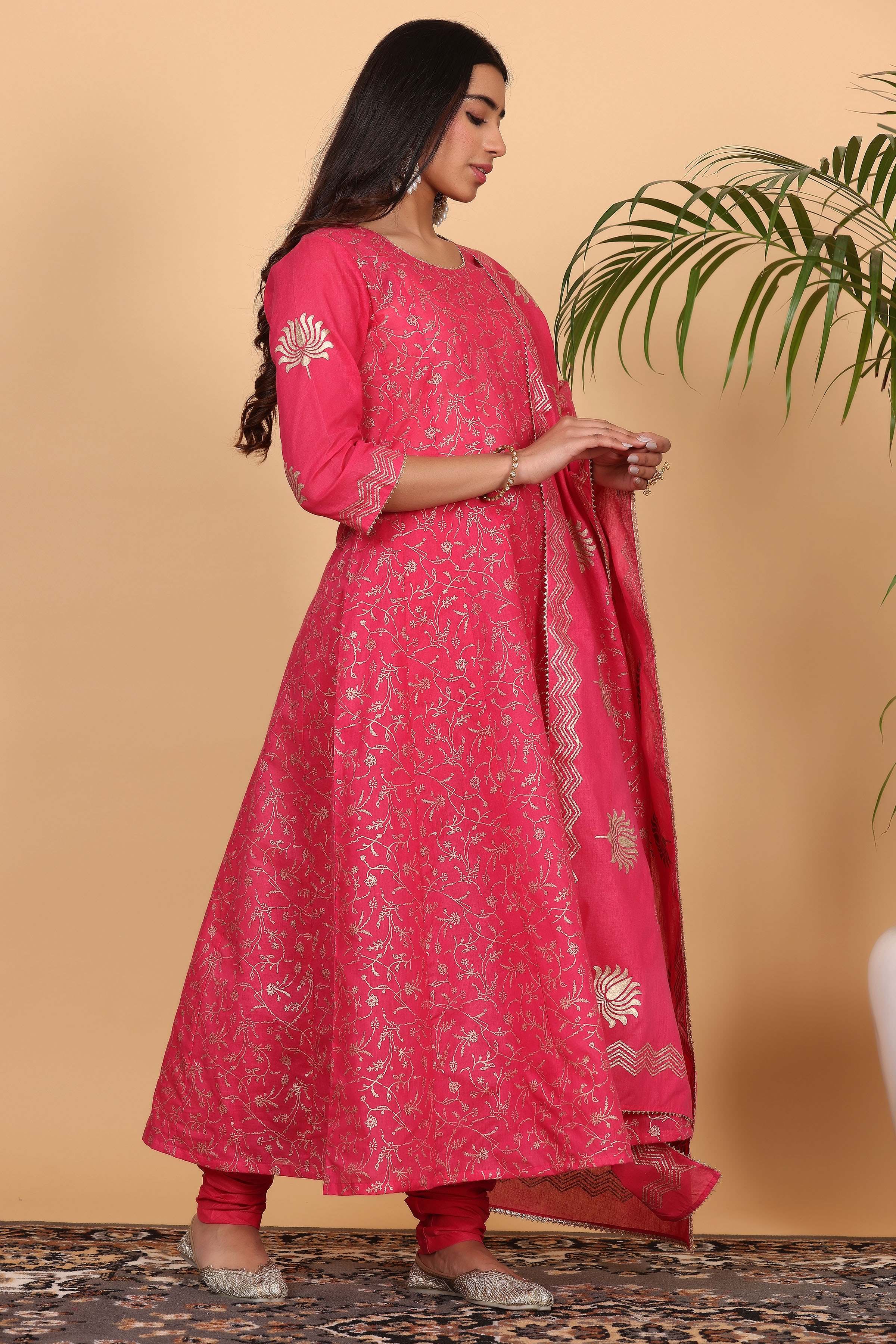 Kaanchie Nanggia Pink Printed Kalidar Kurta Dupatta with Churidar (Set of 3)