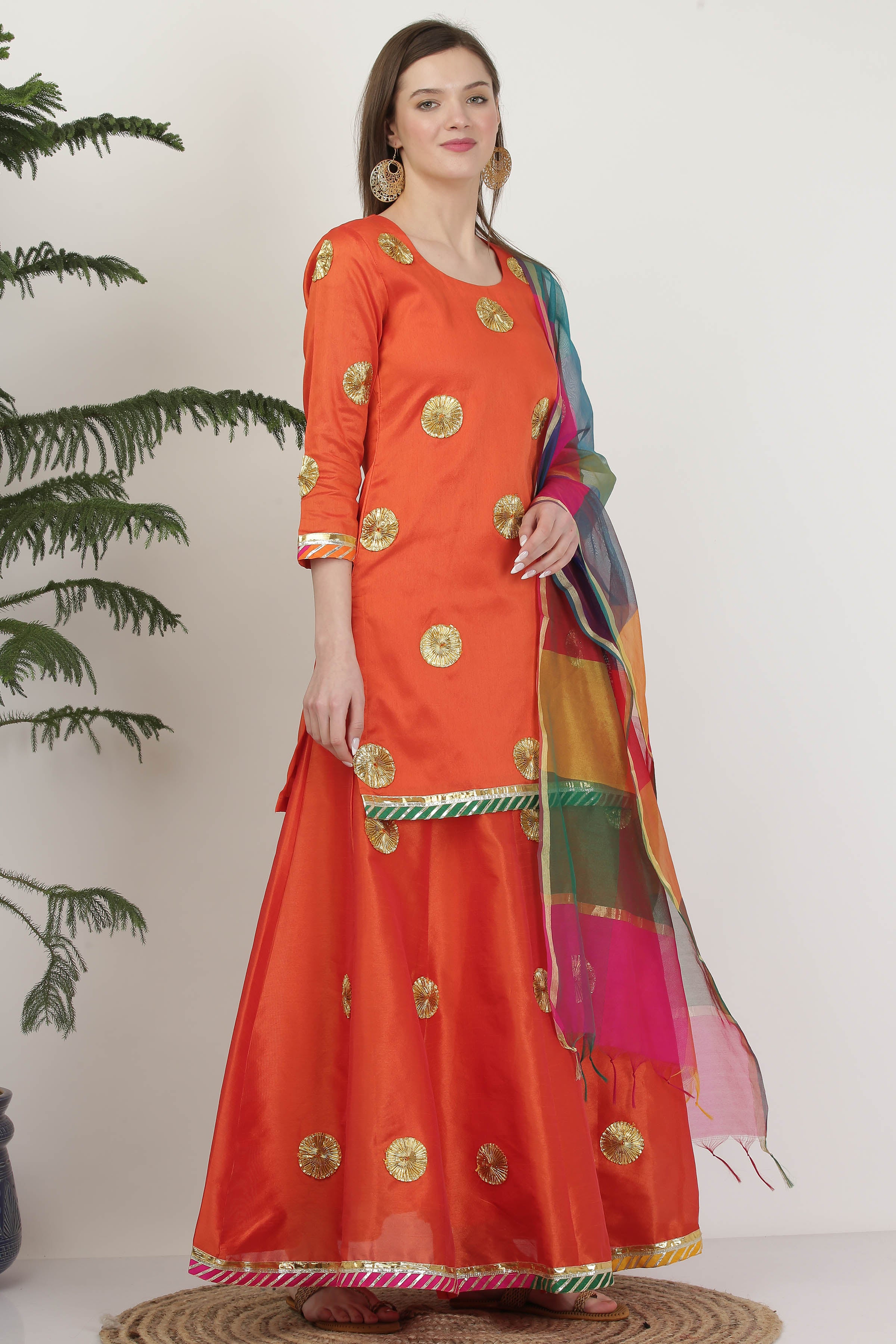 Kaanchie Nanggia Orange Embellished Ready to Wear Lehenga & Blouse With Dupatta (Set of 3)