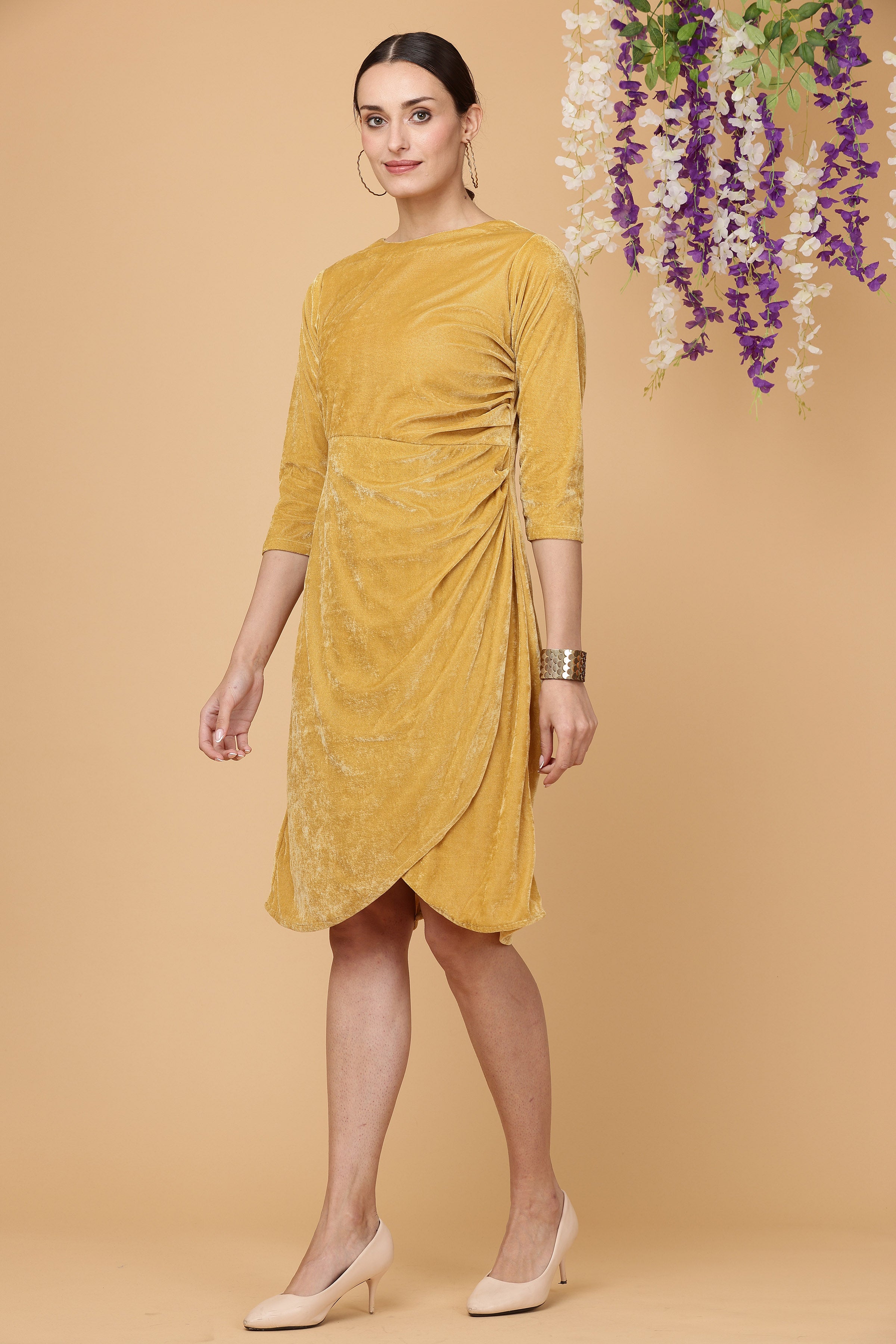 Kaanchie Nanggia Yellow Boat Neck Ruched High Low Dress