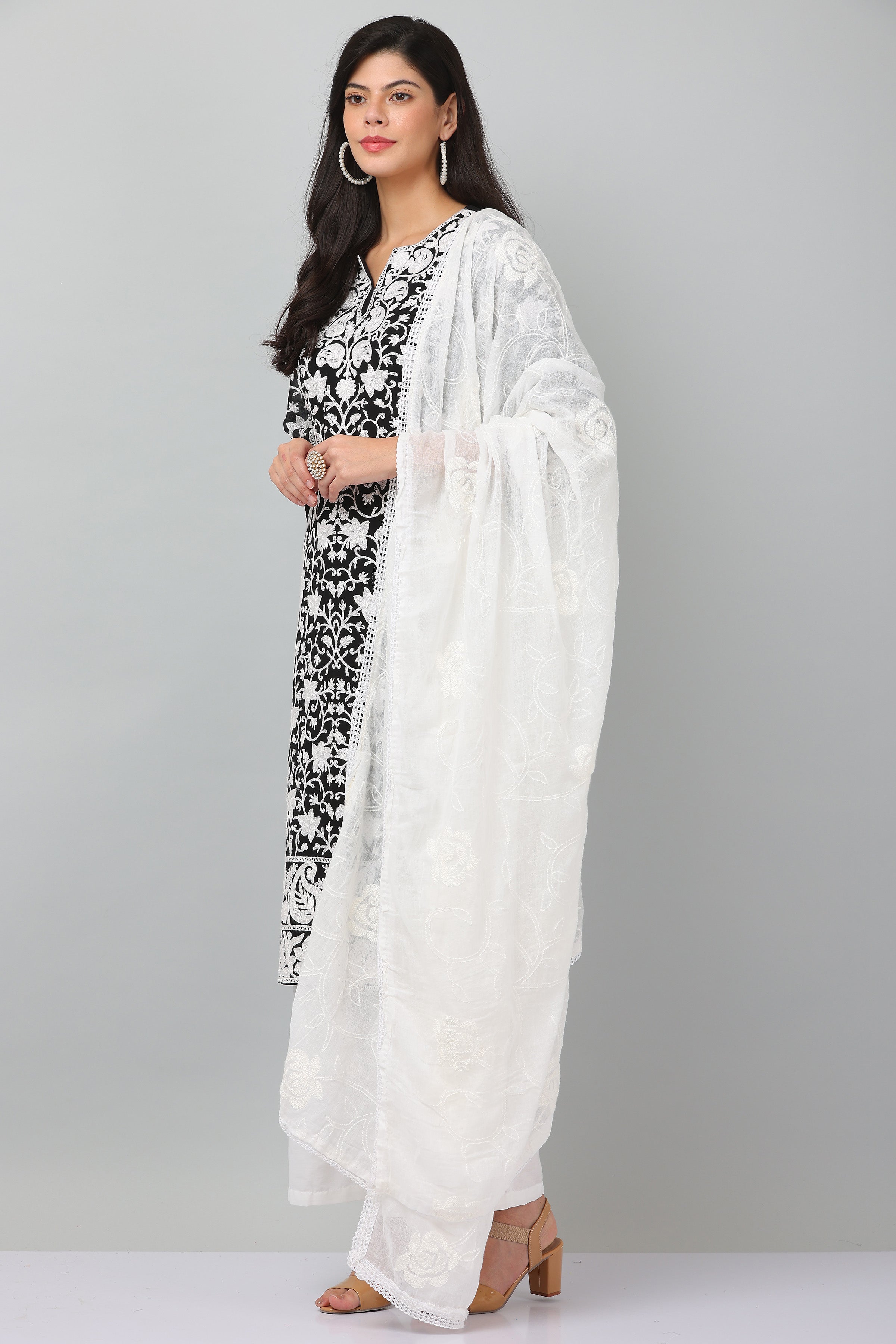 Kaanchie Nanggia Black Georgette Embroidered Kurta & Dupatta with Pant (Set of 3)