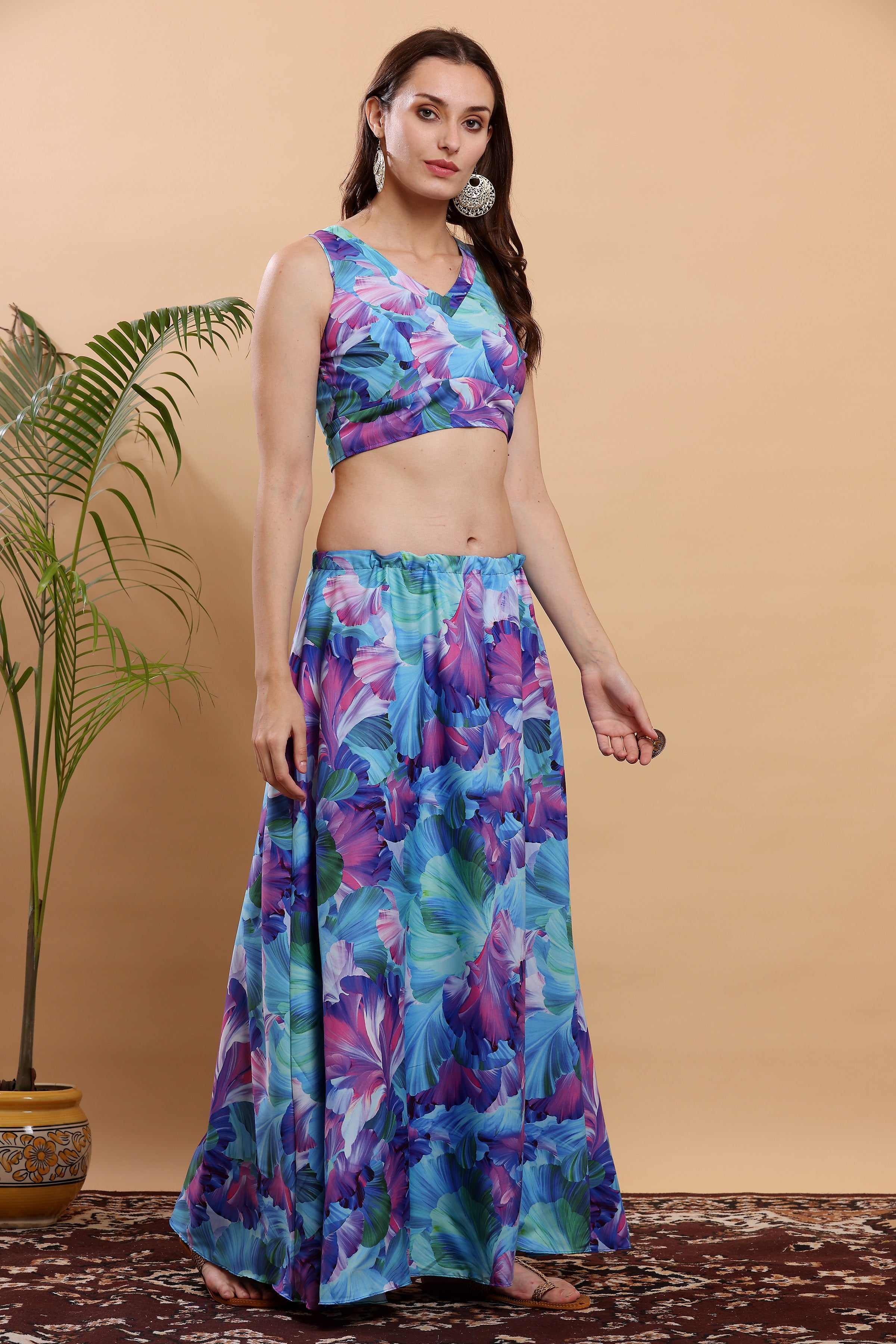 Kaanchie Nanggia Blue & Pink Printed Ready to Wear Lehenga & Choli (Set of 2)