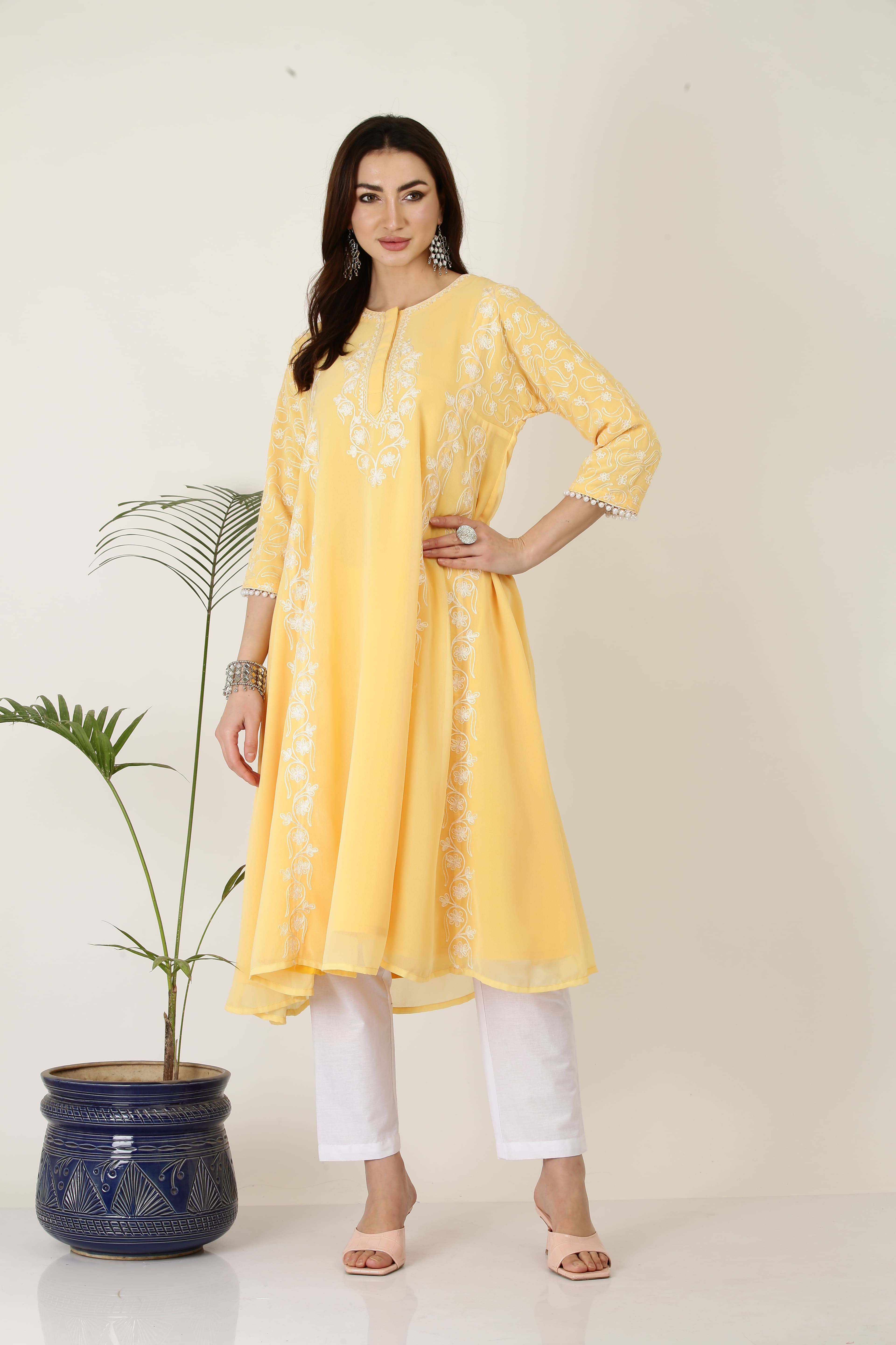 Kaanchie Nanggia Heavy Embroidered Yellow Georgette Kurta Pant Dupatta (Set of 3)