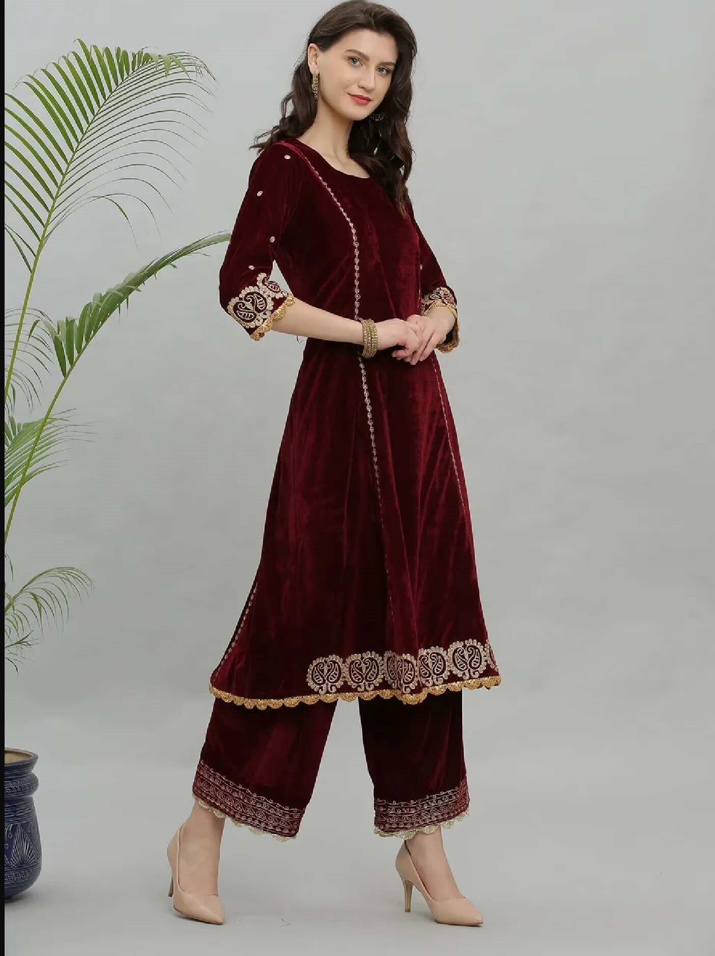 Kaanchie Nanggia Maroon Embroidery Velvet Kurta Pallazo - (Set of 2)