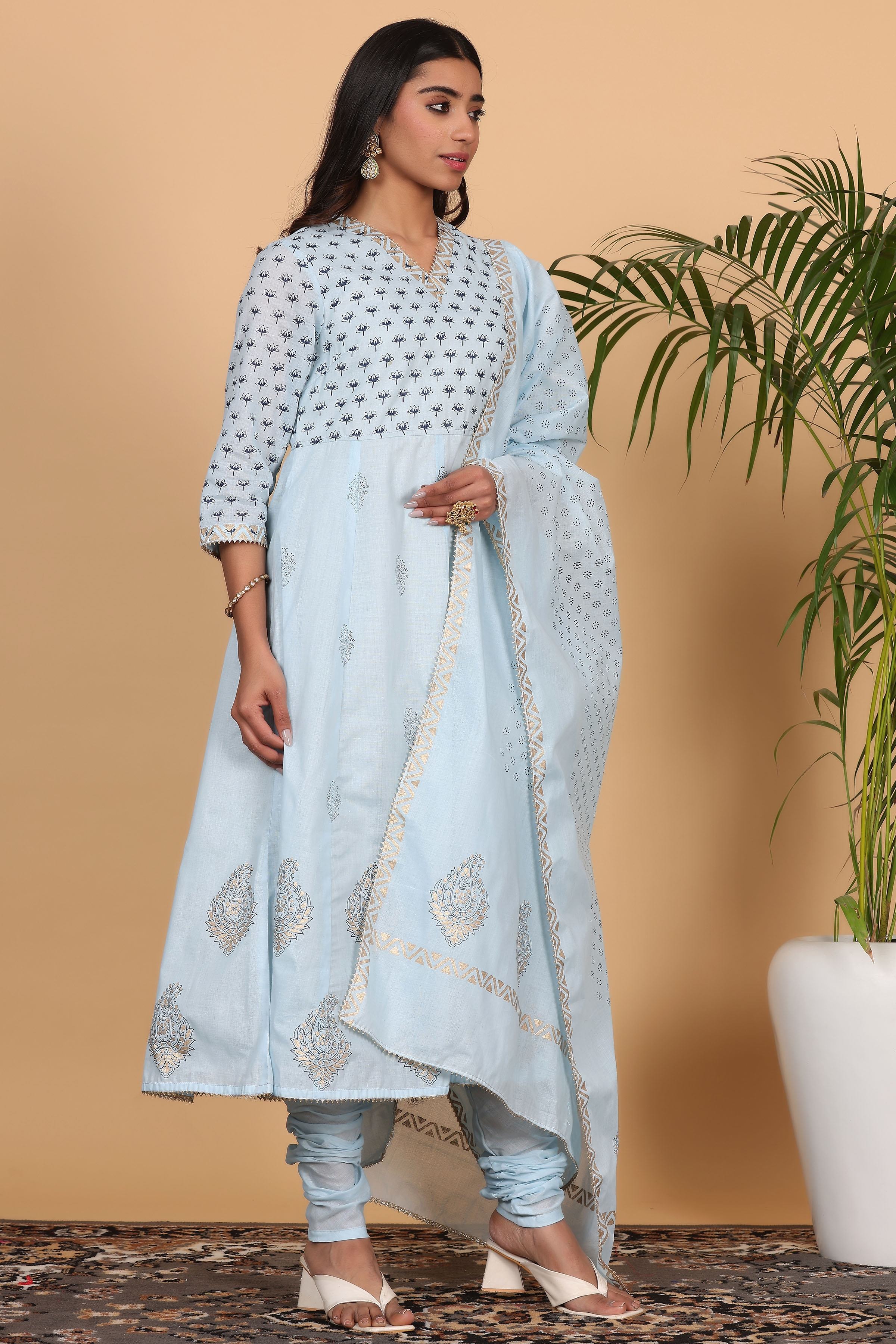 Kaanchie Nanggia Blue Printed Anarkali Kurta Dupatta with Churidar (Set of 3)