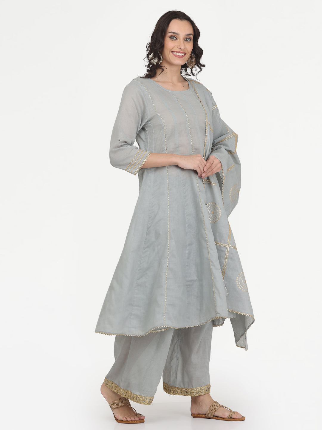 Kaanchie Nanggia Grey Gota Work Kurta Pant with Printed Dupatta (Set of 3)