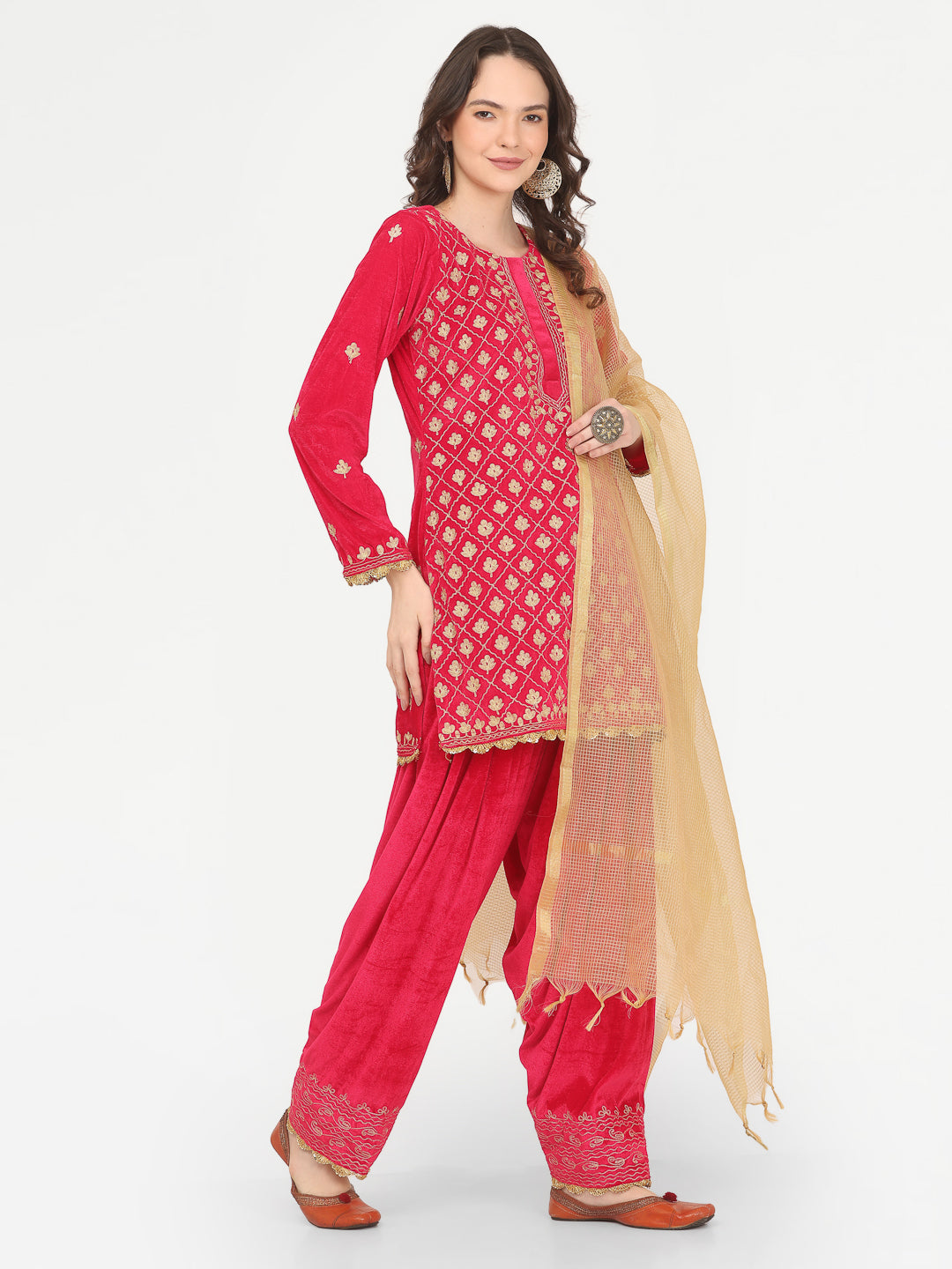 Kaanchie Nanggia Pink Embroidered Kurta Salwar with Chanderi Dupatta (Set of 3)