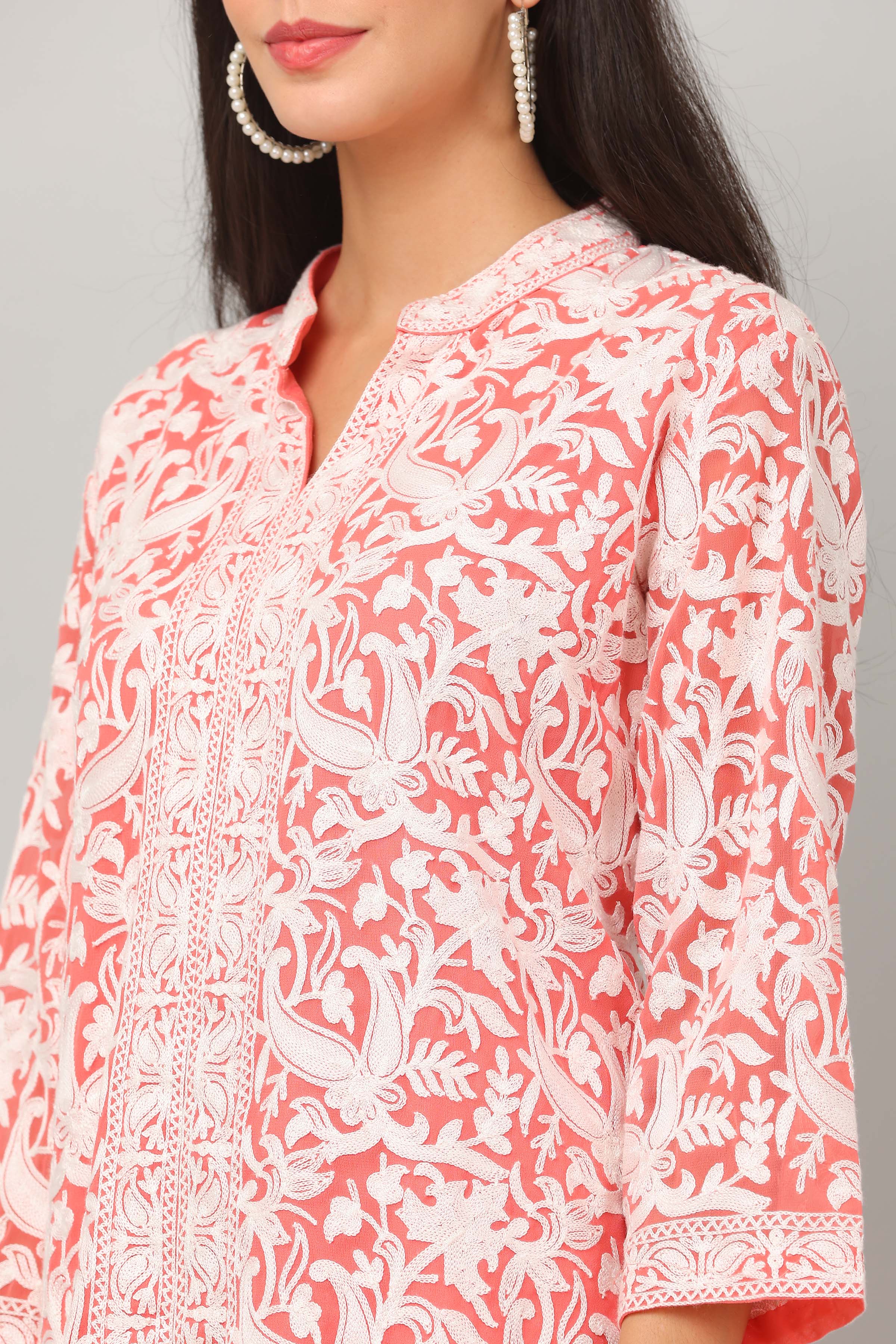 Kaanchie Nanggia Peach Georgette Embroidered Kurta & Dupatta with Pant (Set of 3)