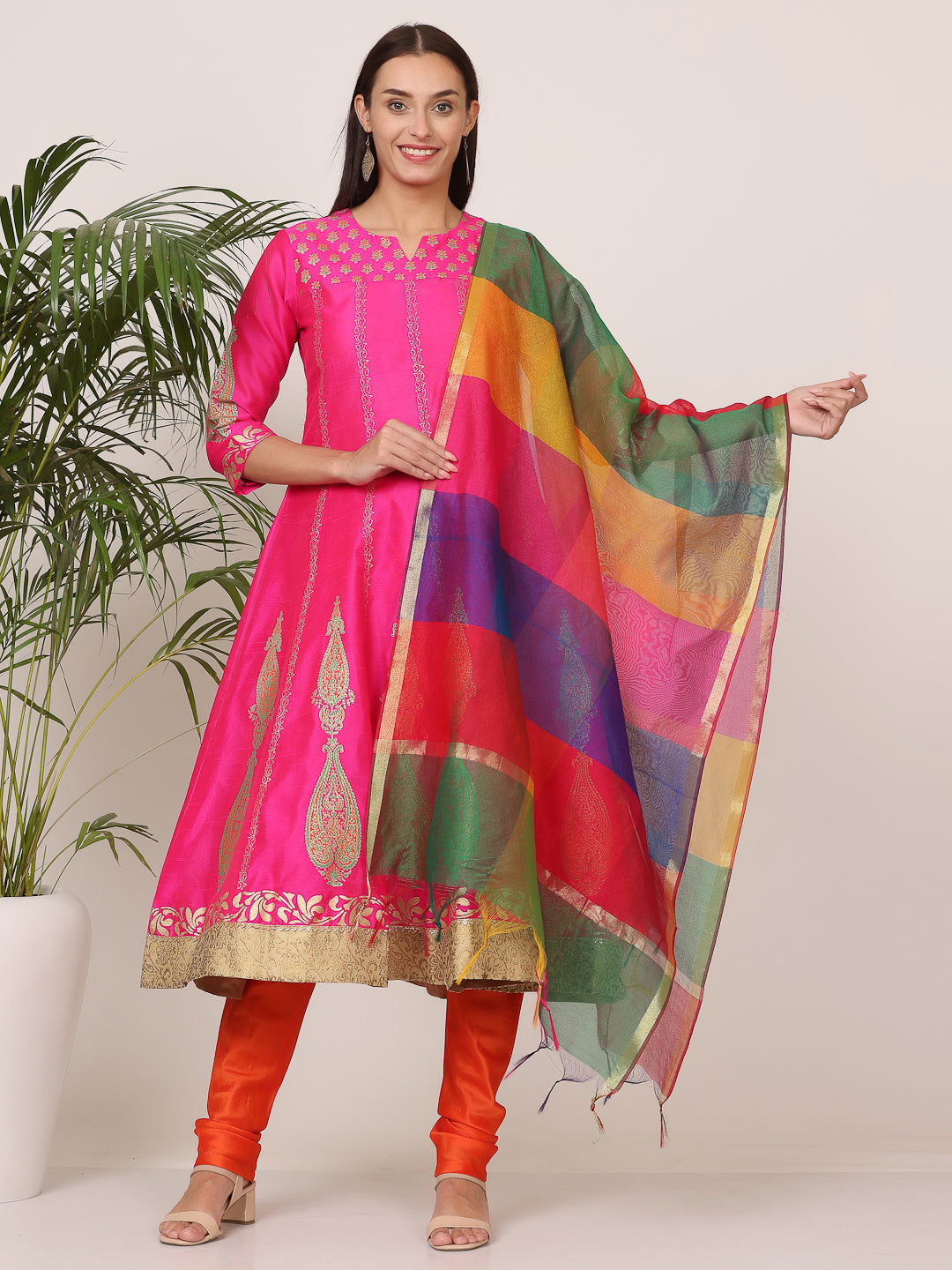 Kaanchie Nanggia Pink Silk Printed Anarkali Churidar with Dupatta (Set of 3)