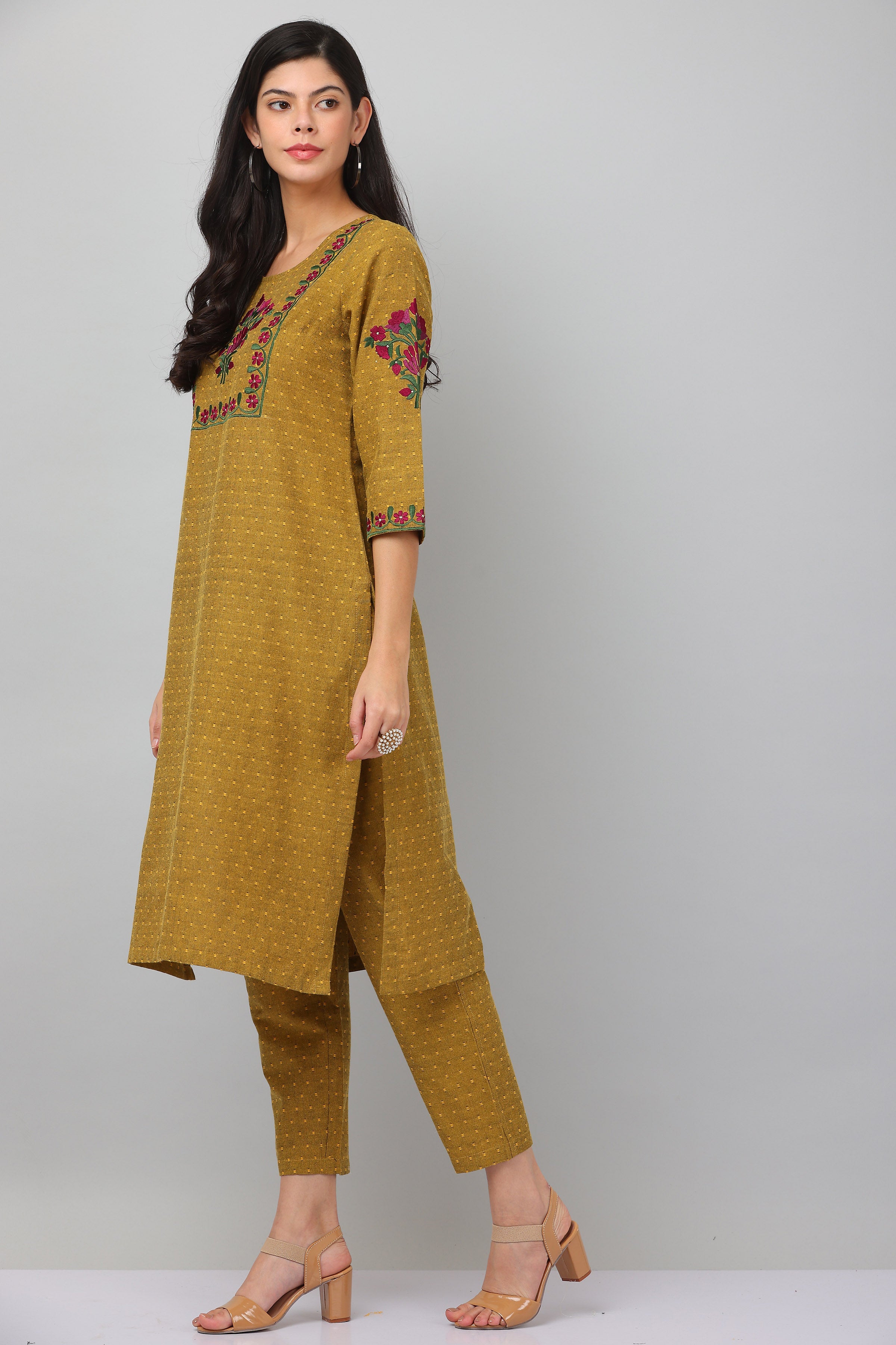 Kaanchie Nanggia Mustard Straight Kurta & Pants (Set of 2)