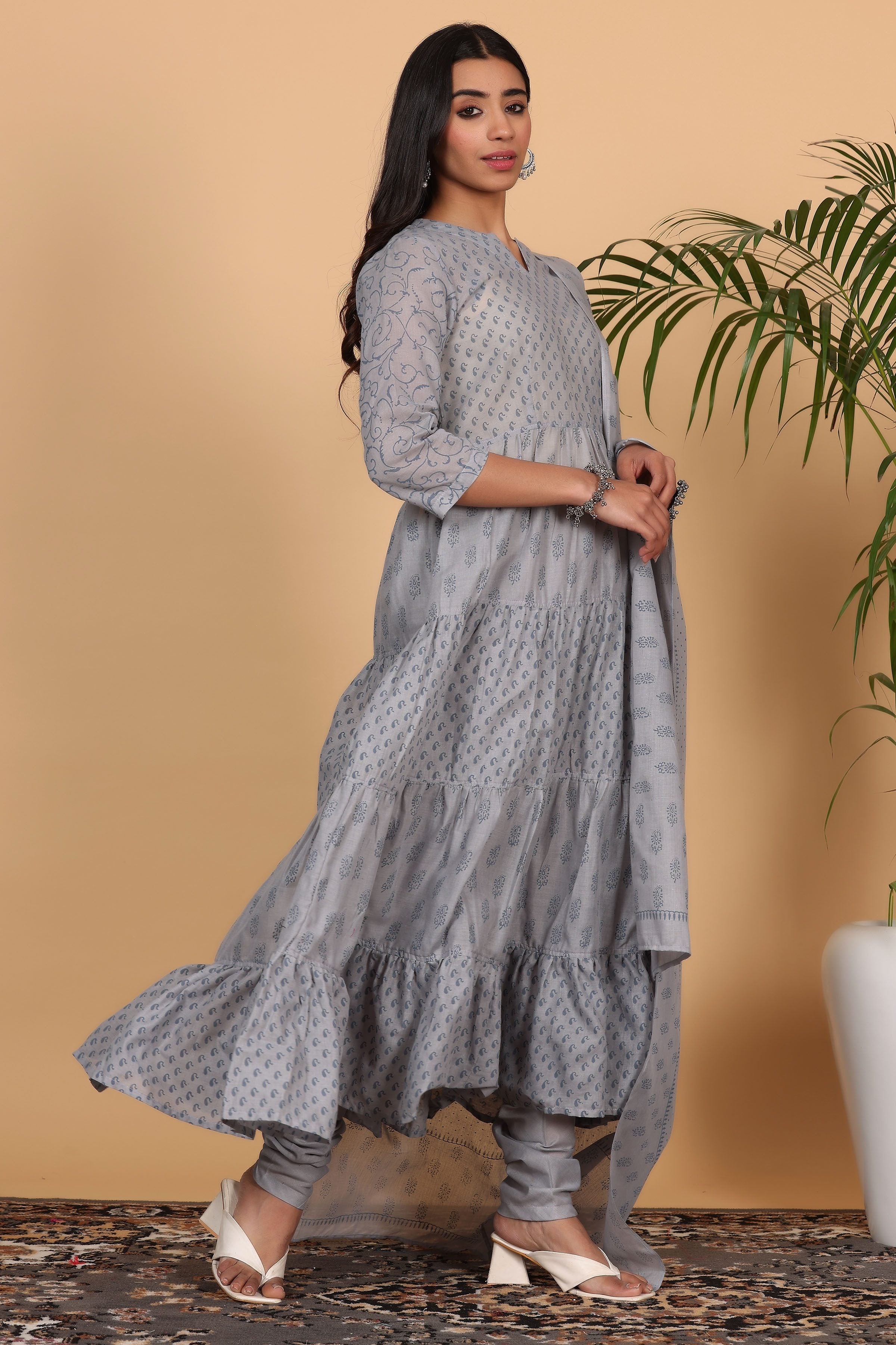 Kaanchie Nanggia Grey Cotton Printed Anarkali Kurta Dupatta with Churidar (Set of 3)