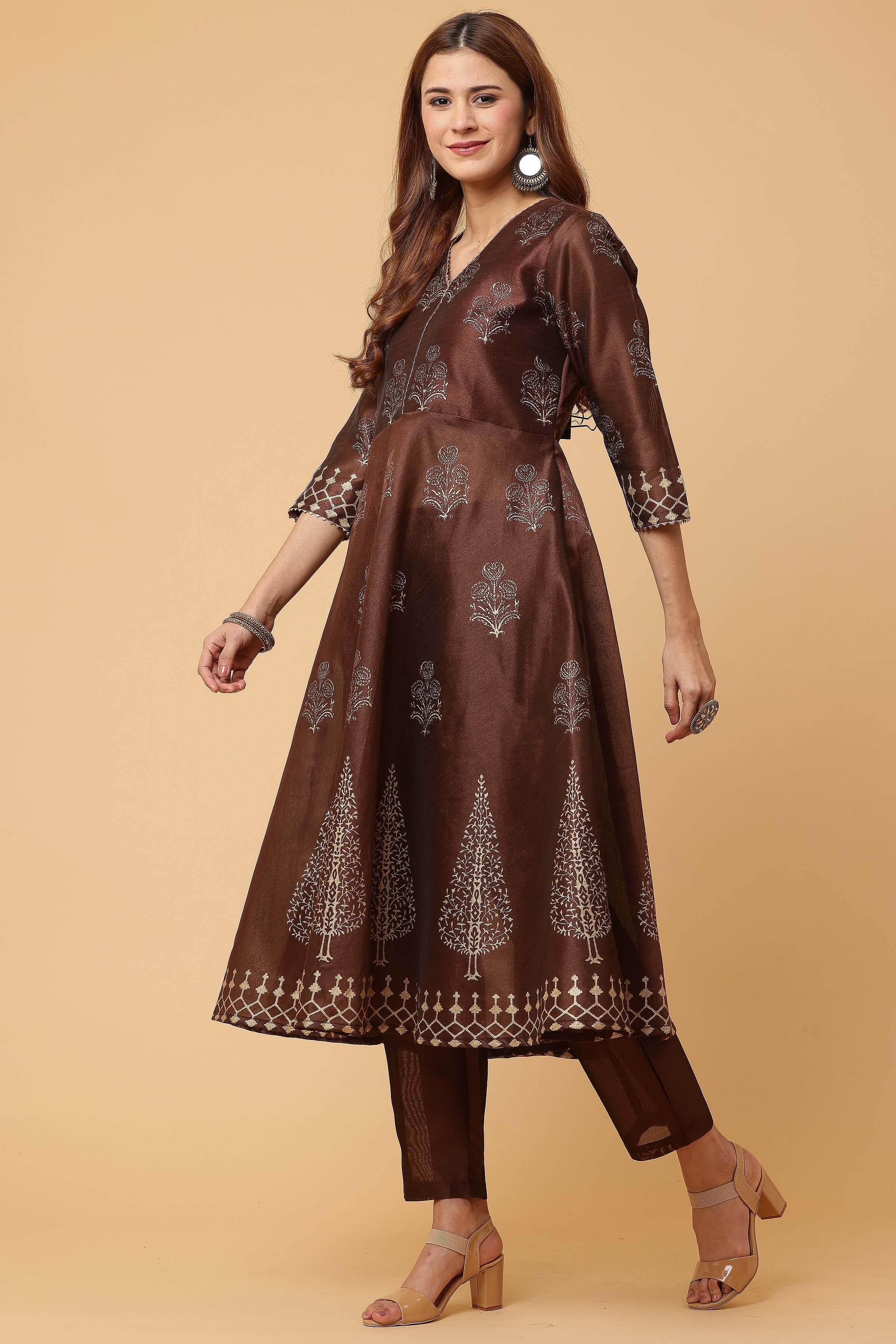 Kaanchie Nanggia Brown Flared Printed Kurta with Pant (Set of 2)