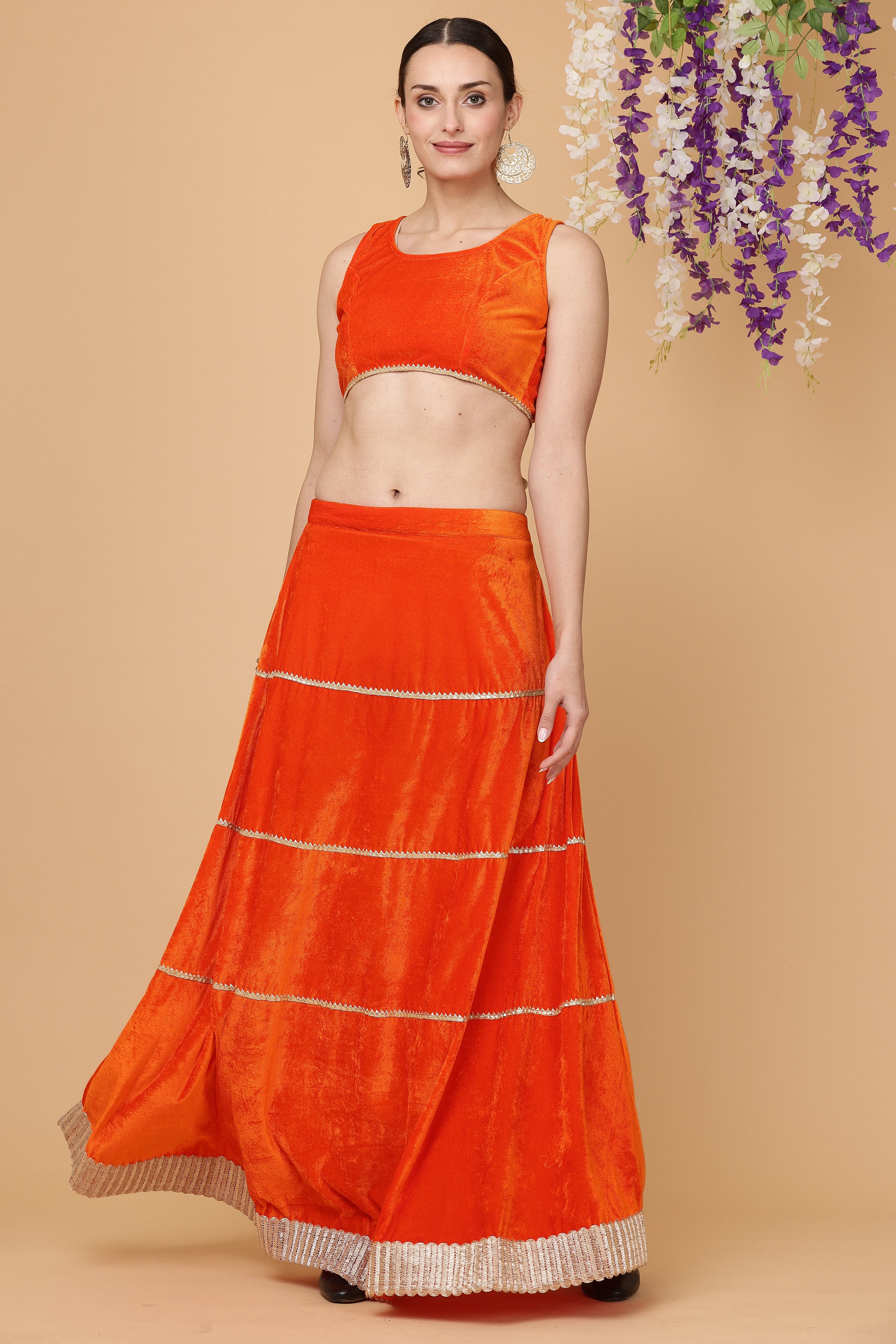 Kaanchie Nanggia Orange velvet skirt blouse with dupatta