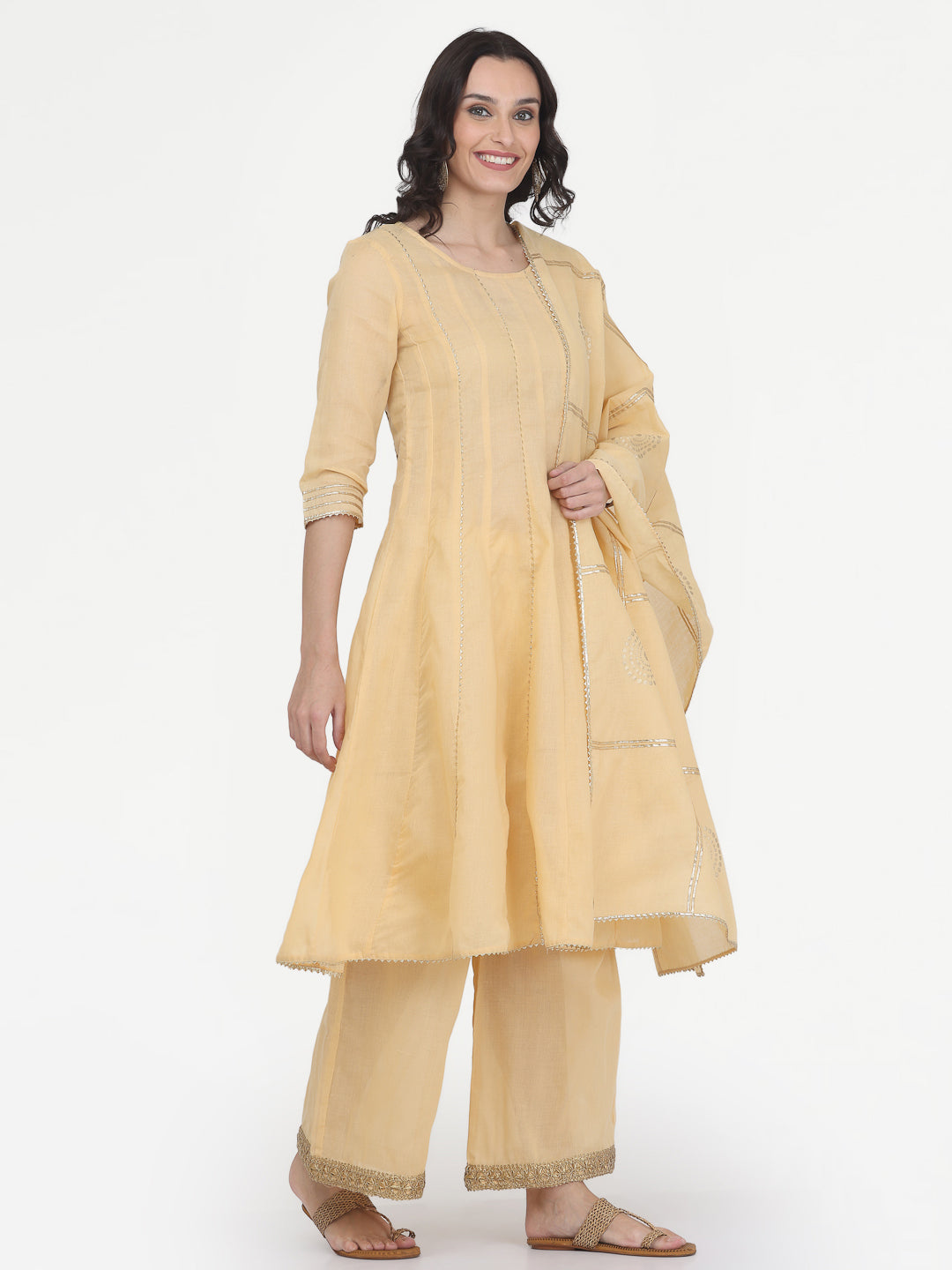 Kaanchie Nanggia Beige Gota Work Kurta Pant with Printed Dupatta (Set of 3)