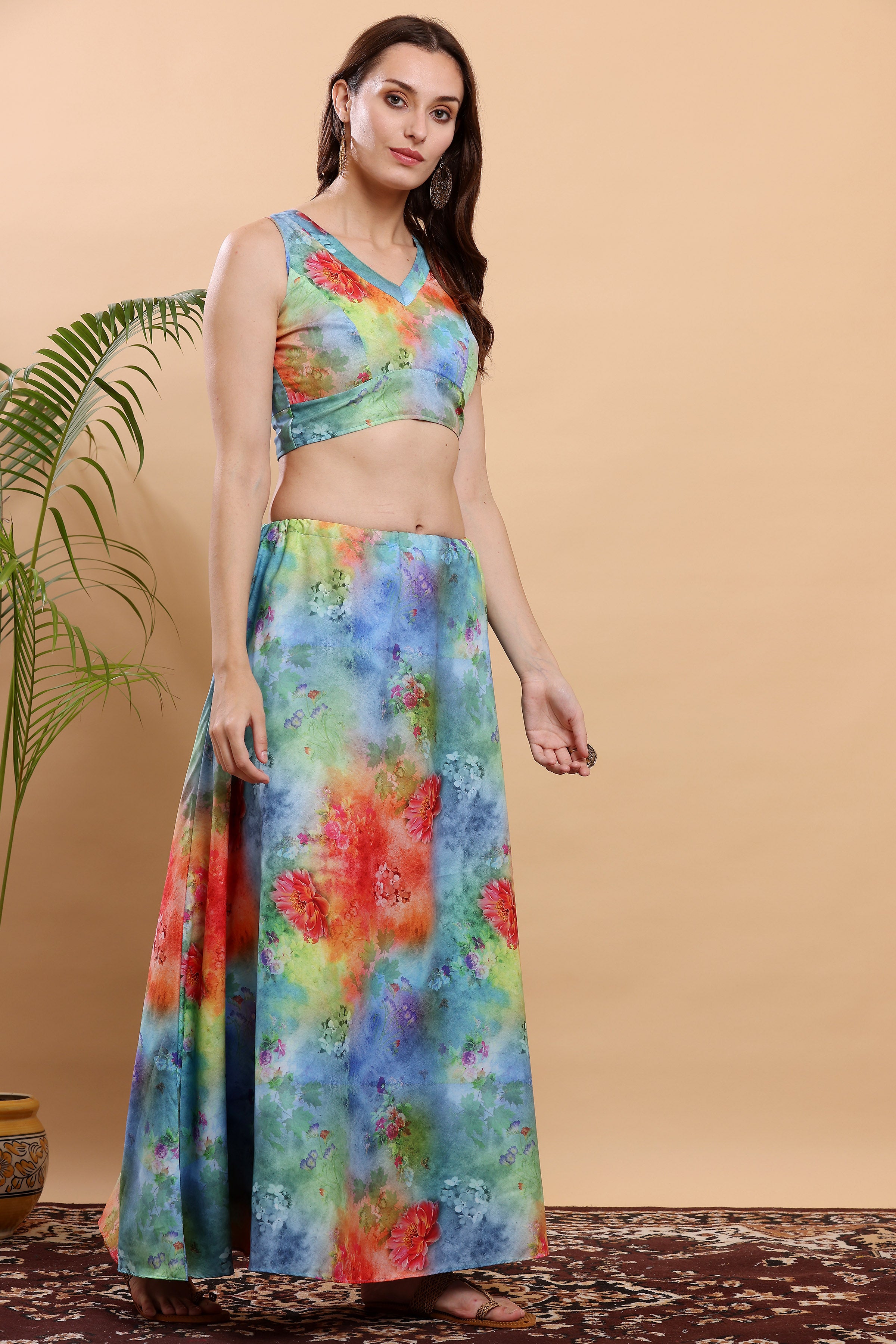 Kaanchie Nanggia Blue & Orange Printed Ready to Wear Lehenga & Choli (Set of 2)