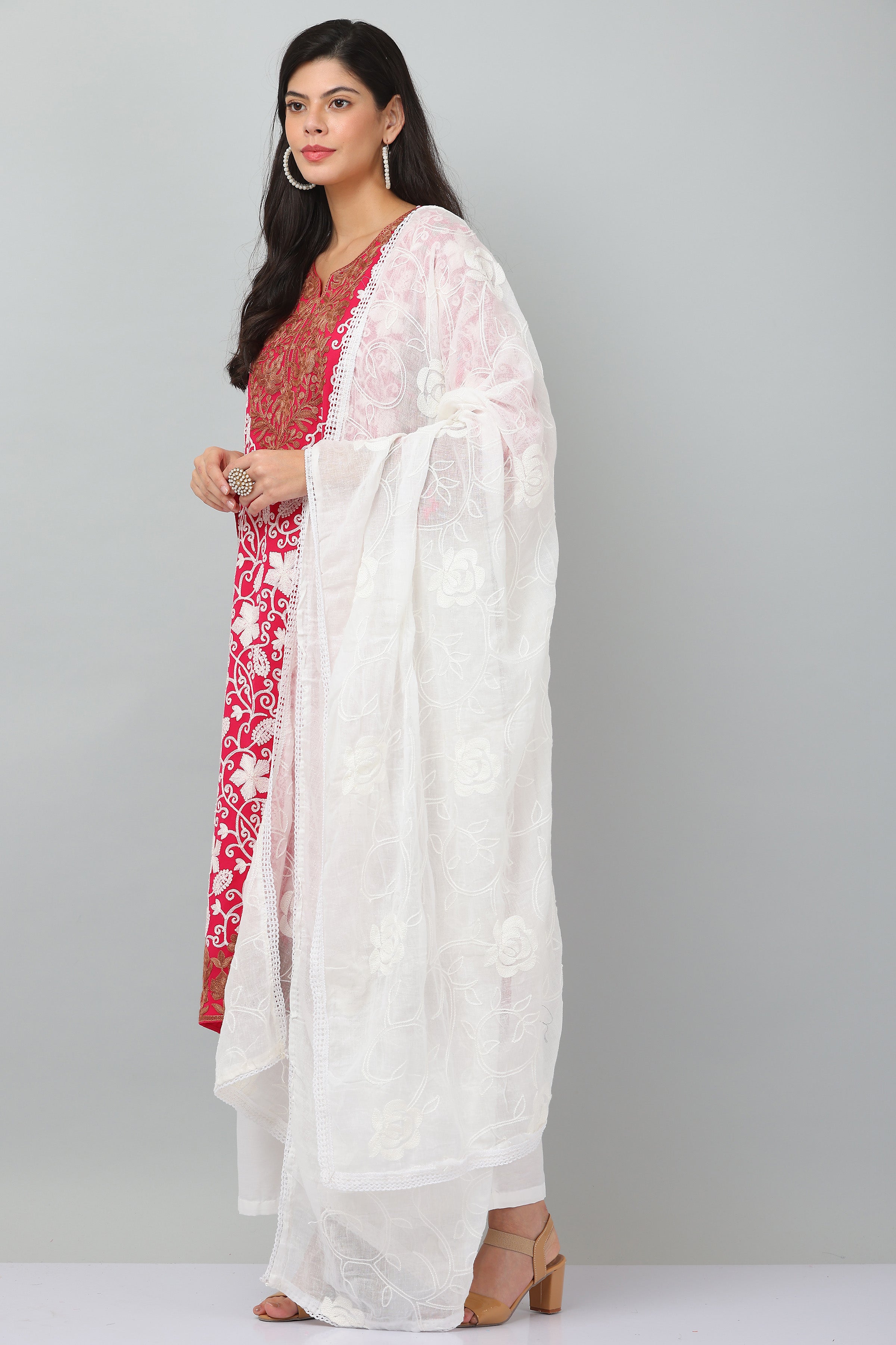 Kaanchie Nanggia Red Georgette Embroidered Kurta & Dupatta with Pant (Set of 3)