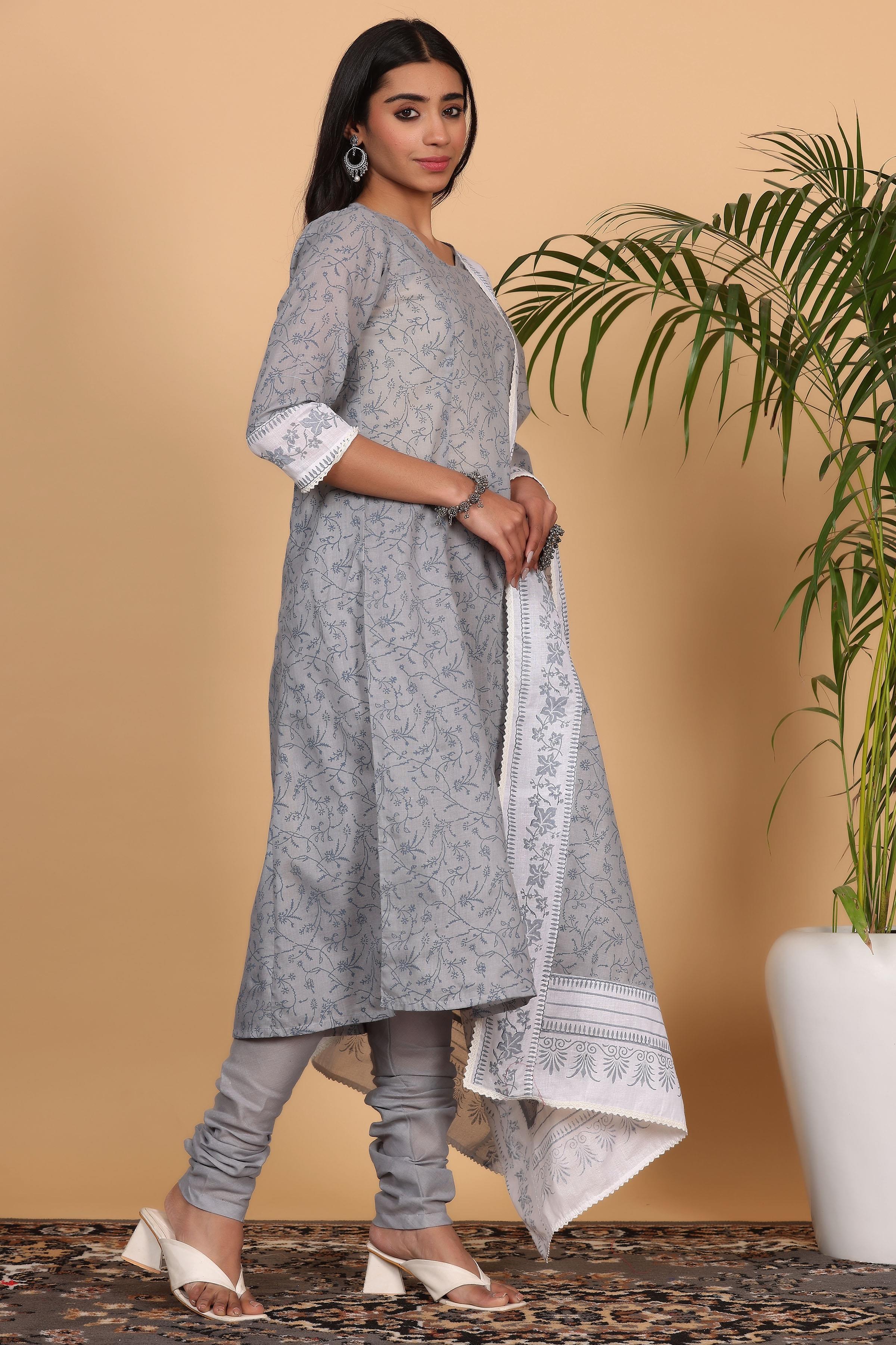 Kaanchie Nanggia Grey Printed Kurta Dupatta with Churidar (Set of 3)