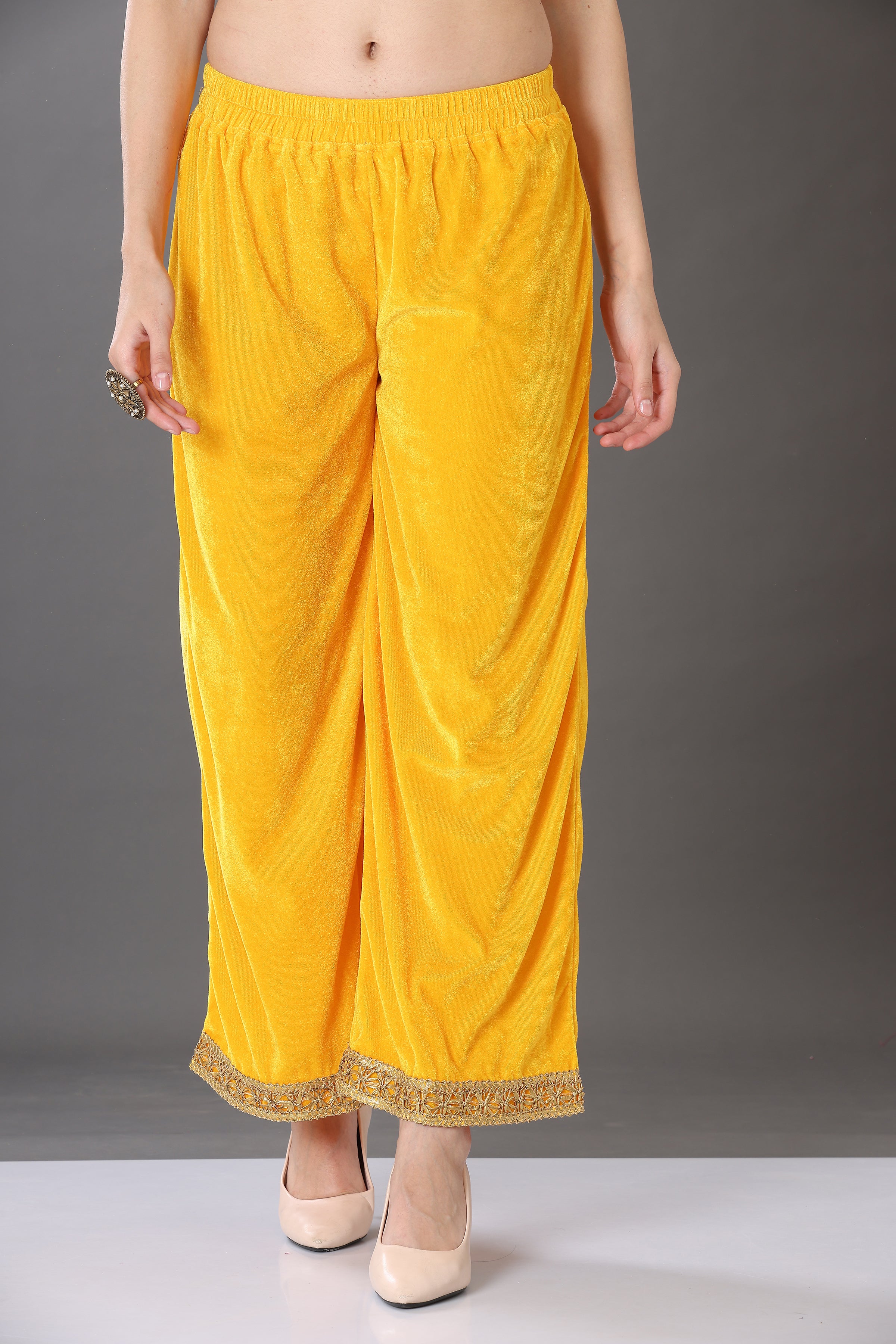 Kaanchie Nanggia Yellow Velvet Embroidered Kurta Palazzo and Dupatta (Set of 3)