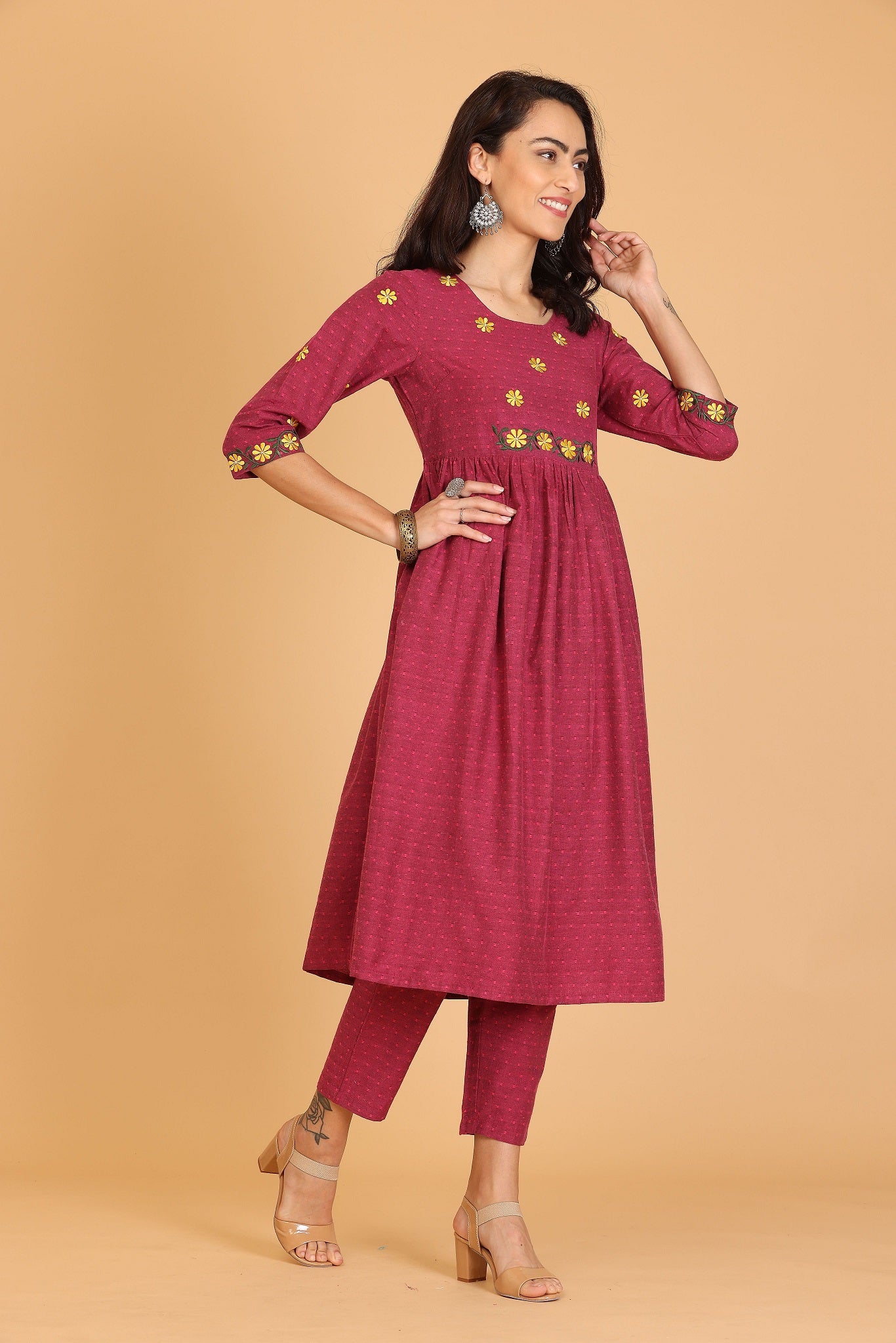 Kaanchie Nanggia Red Embroidered Flayred Kurta with Pant (Set of 2)