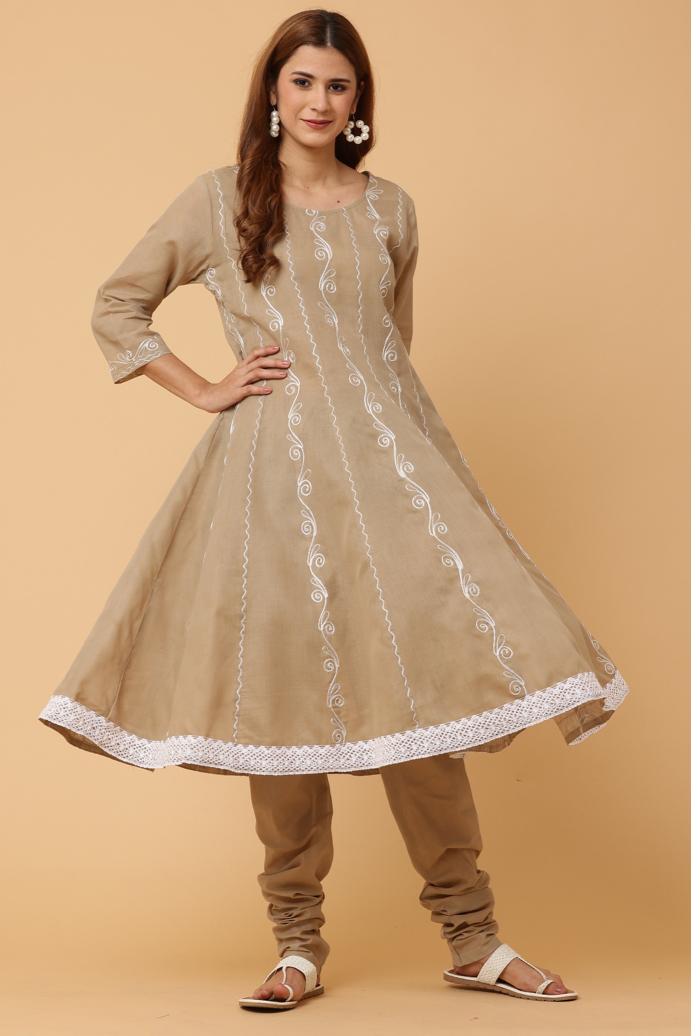 Kaanchie Nanggia Beige Kalidar Emb Kurta Chudidar with Dupatta (Set of 3)