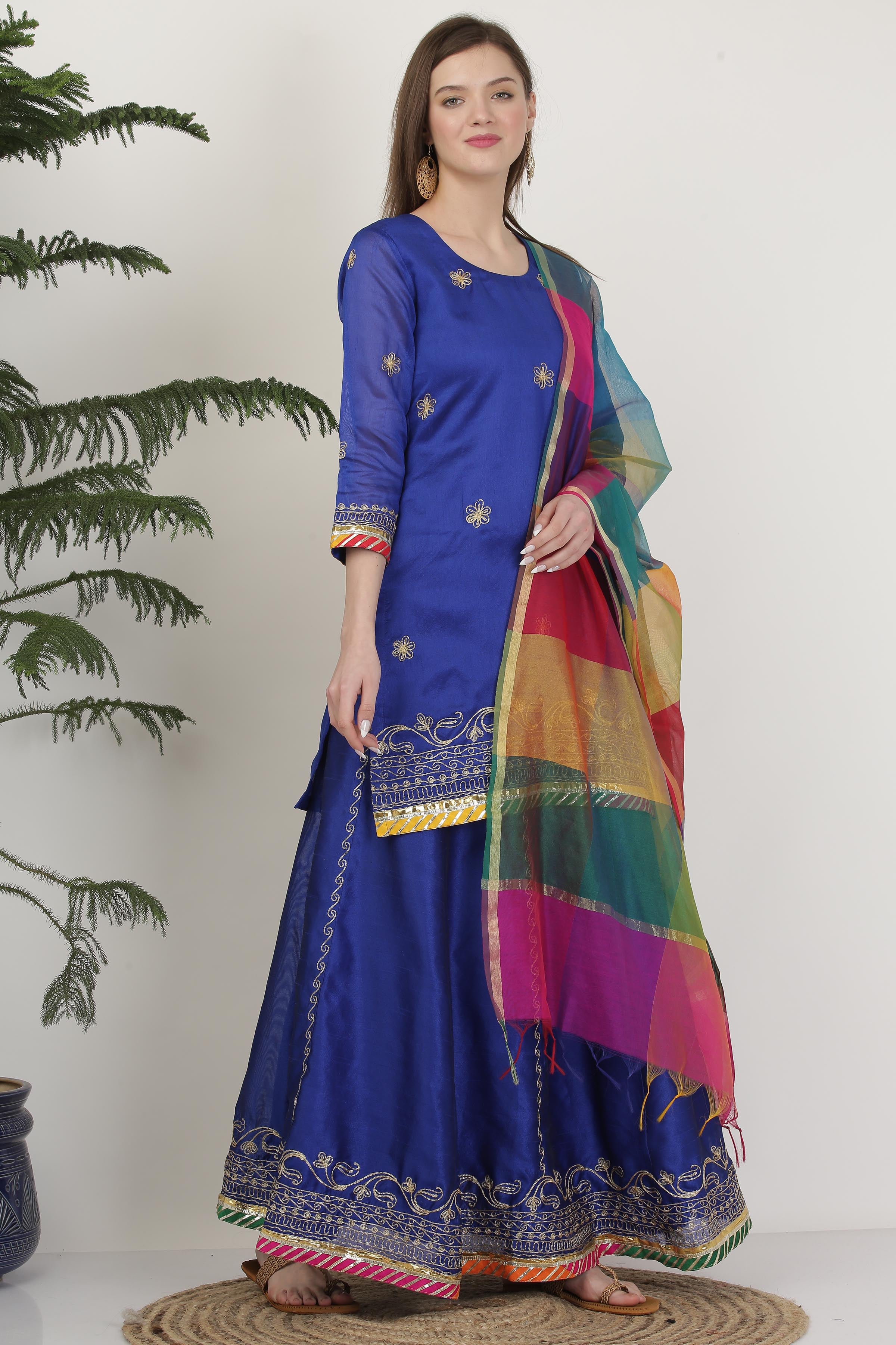 Kaanchie Nanggia Blue Embroidered Ready to Wear Lehenga & Kurta With Dupatta (Set of 3)