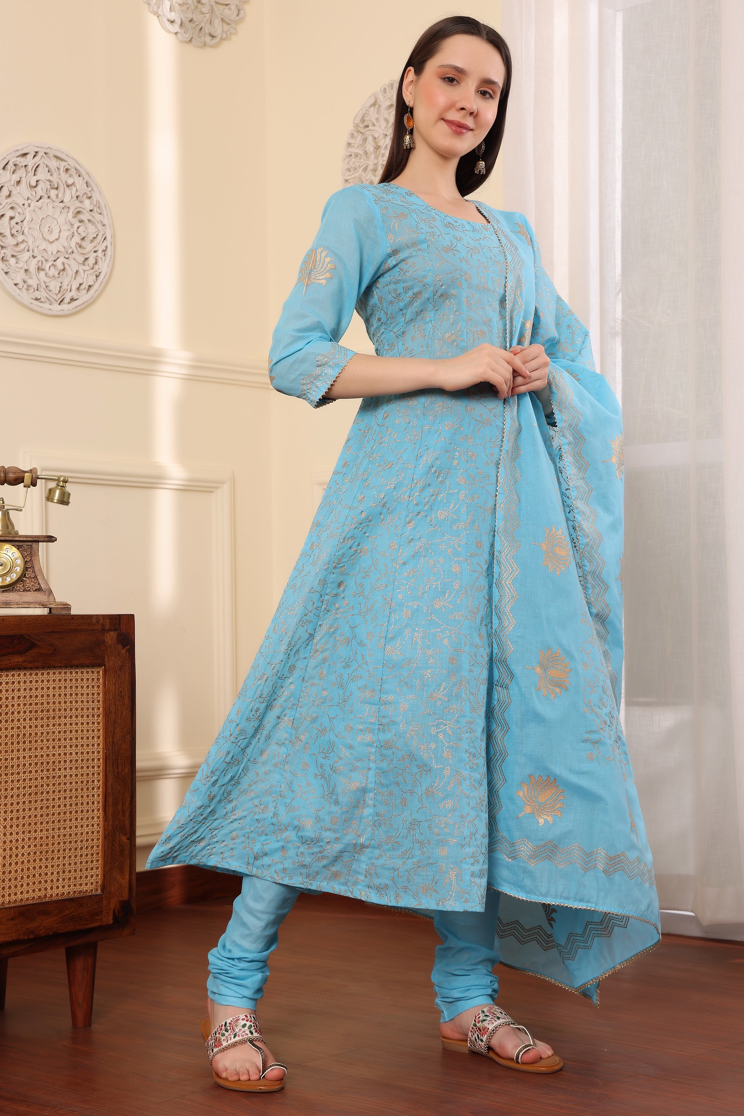 Kaanchie Nanggia Blue Printed Kalidar Kurta Dupatta with Churidar (Set of 3)