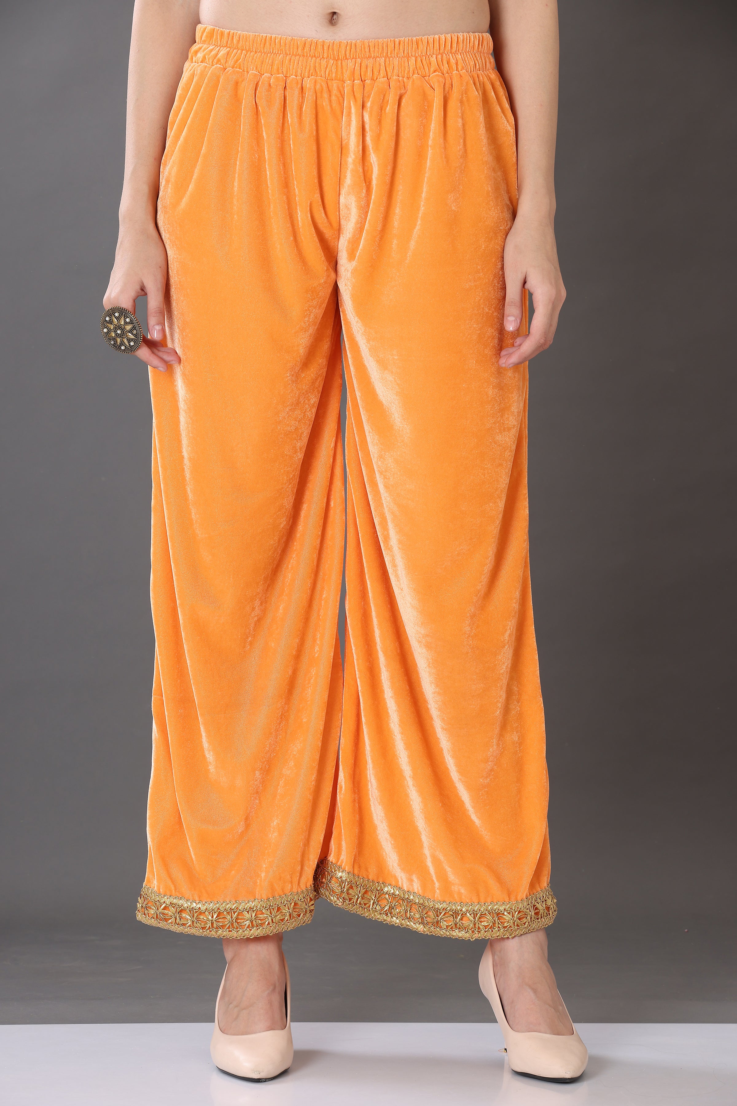 Kaanchie Nanggia Orange Velvet with Gota Patti Work Flared Kurta Palazzo & Dupatta (Set of 3)