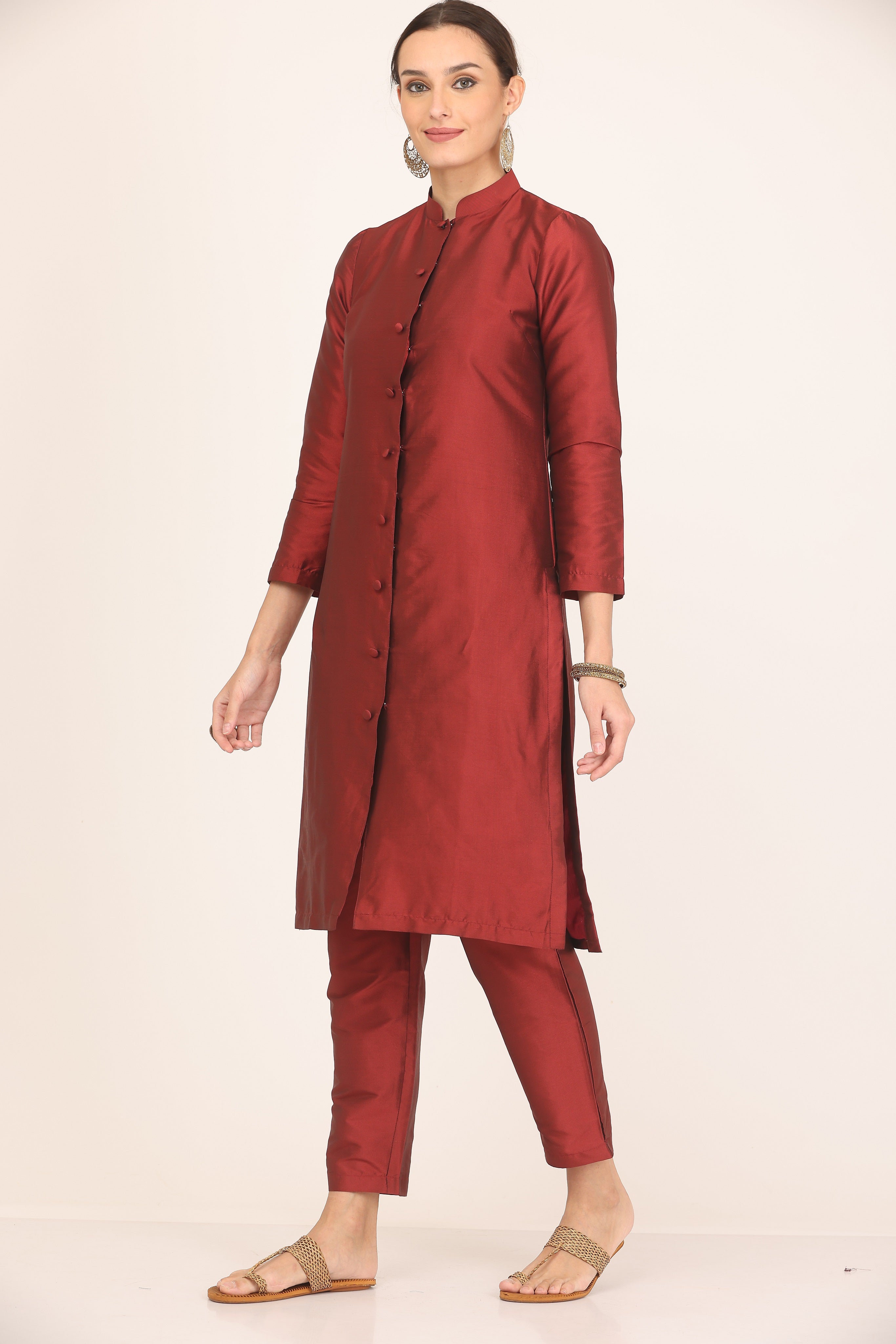 Kaanchie Nanggia Maroon Taffeta Kurta with Pant (Set of 2)