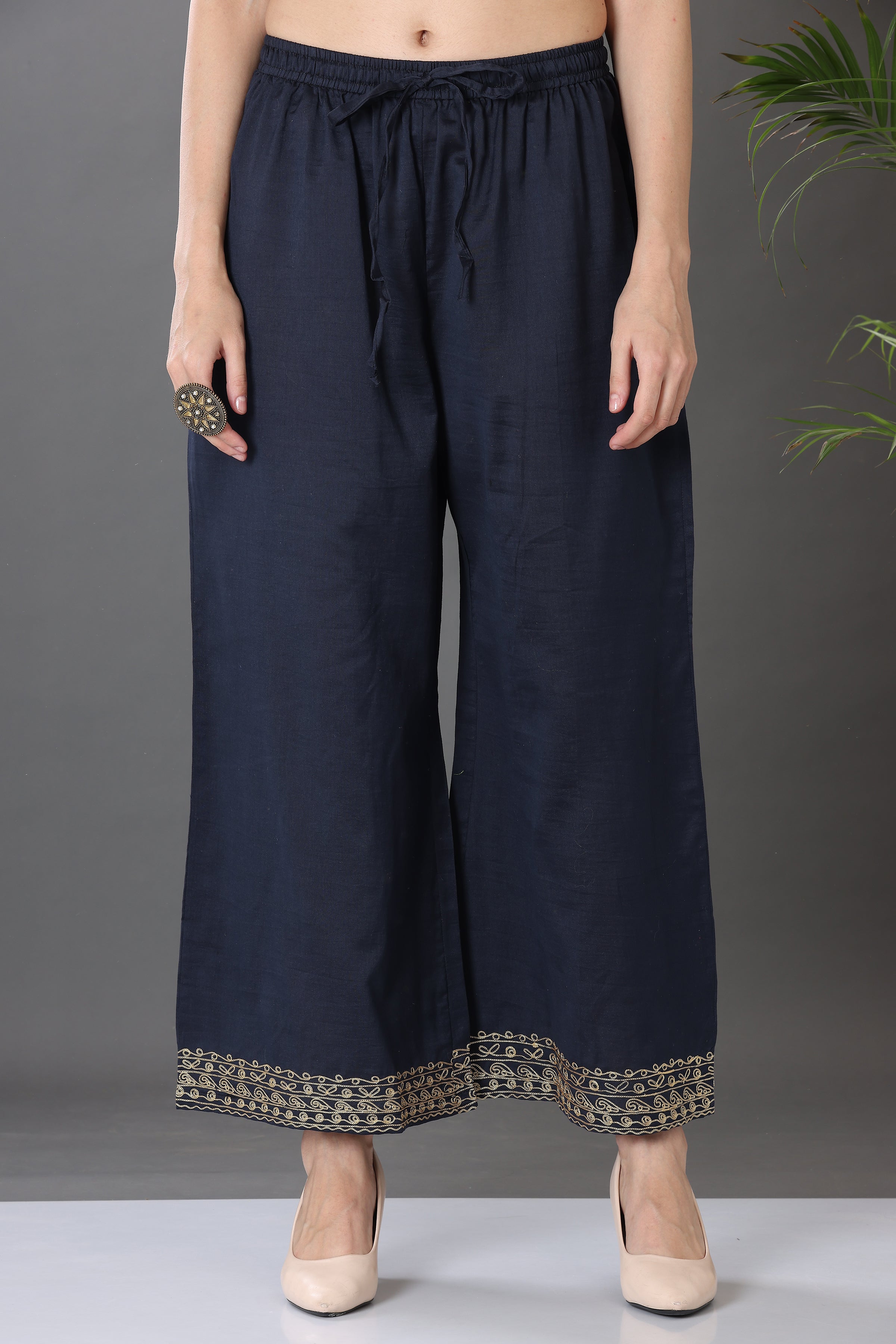 Kaanchie Nanggia Navy Blue Embroidered Cotton Silk Kurta Palazzo (Set of 2)