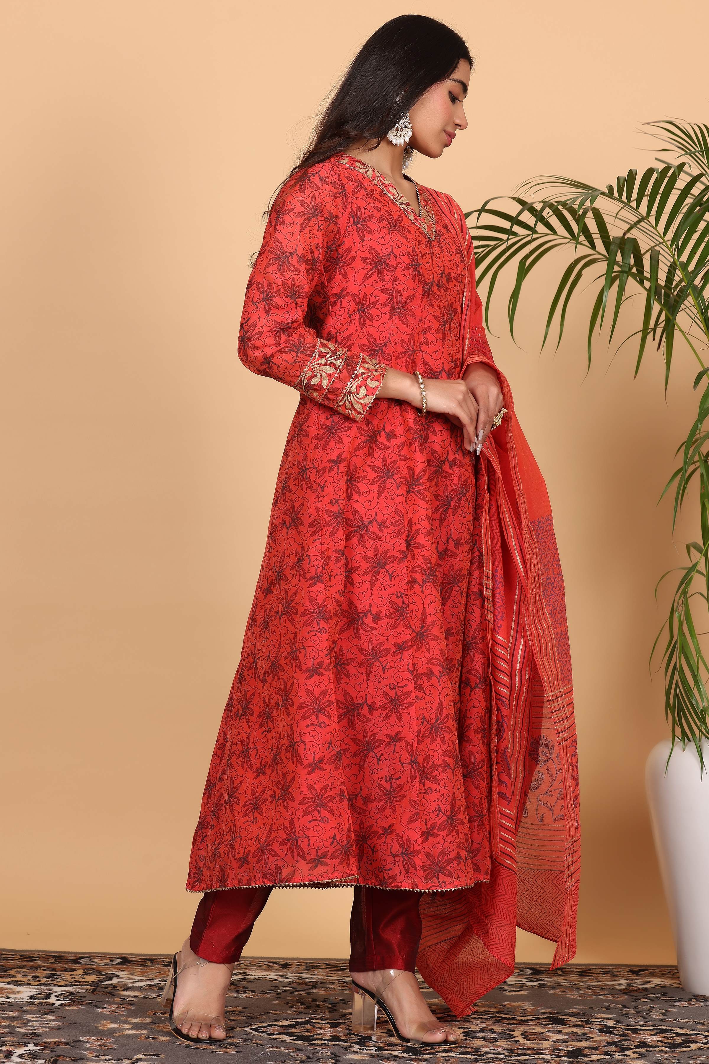 Kaanchie Nanggia Red Chanderi Kalidar Printed Kurta Dupatta with Pants (Set of 3)